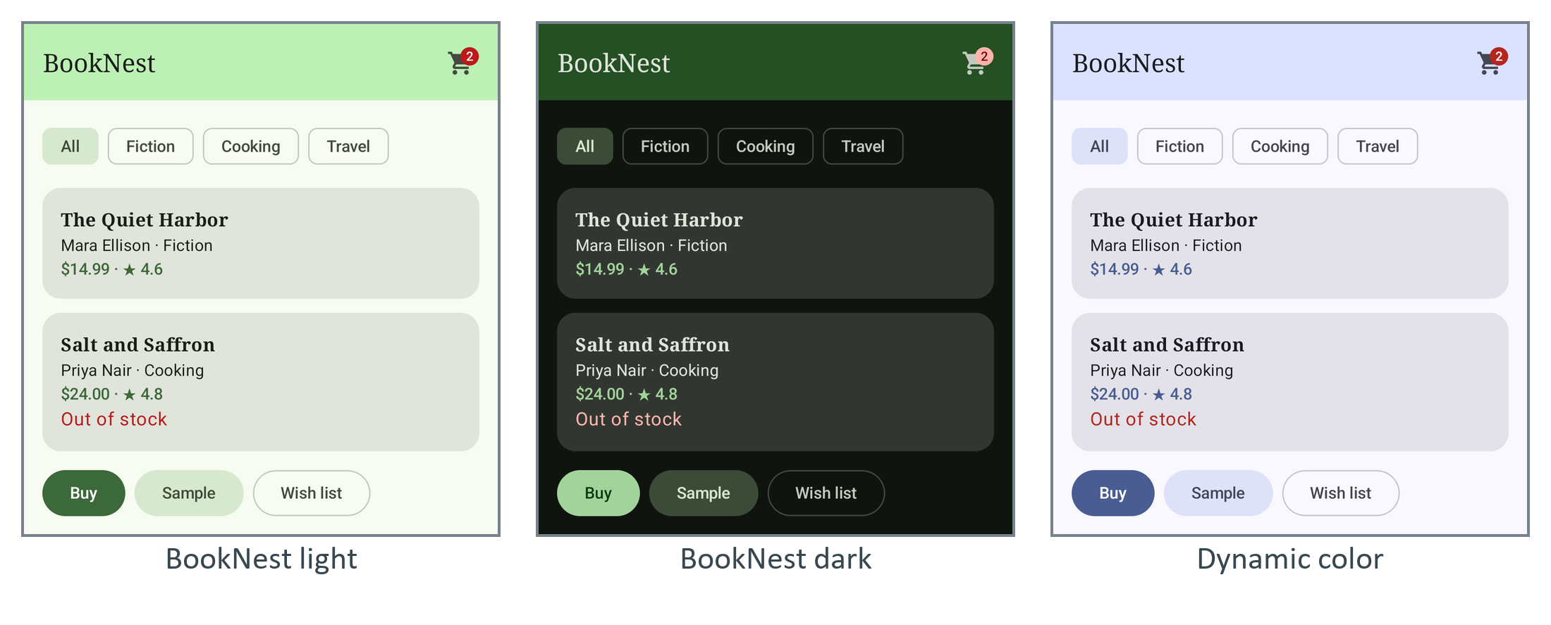 The theme gallery with BookNest's light scheme, its dark scheme, and dynamic color from the emulator's wallpaper