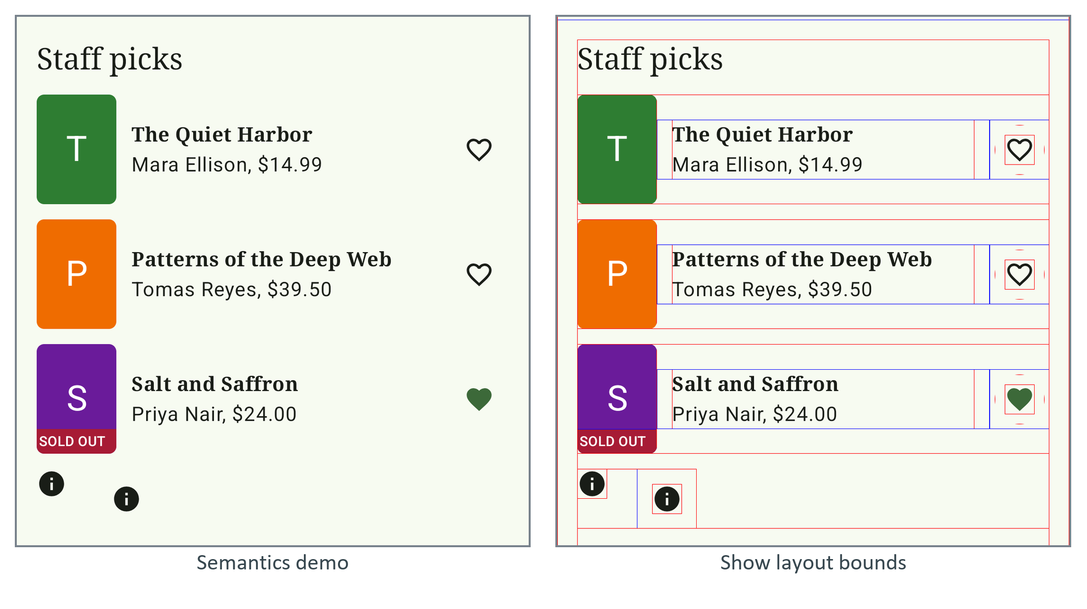 The semantics demo, and the same screen with layout bounds shown: the second icon reserves 48 dp