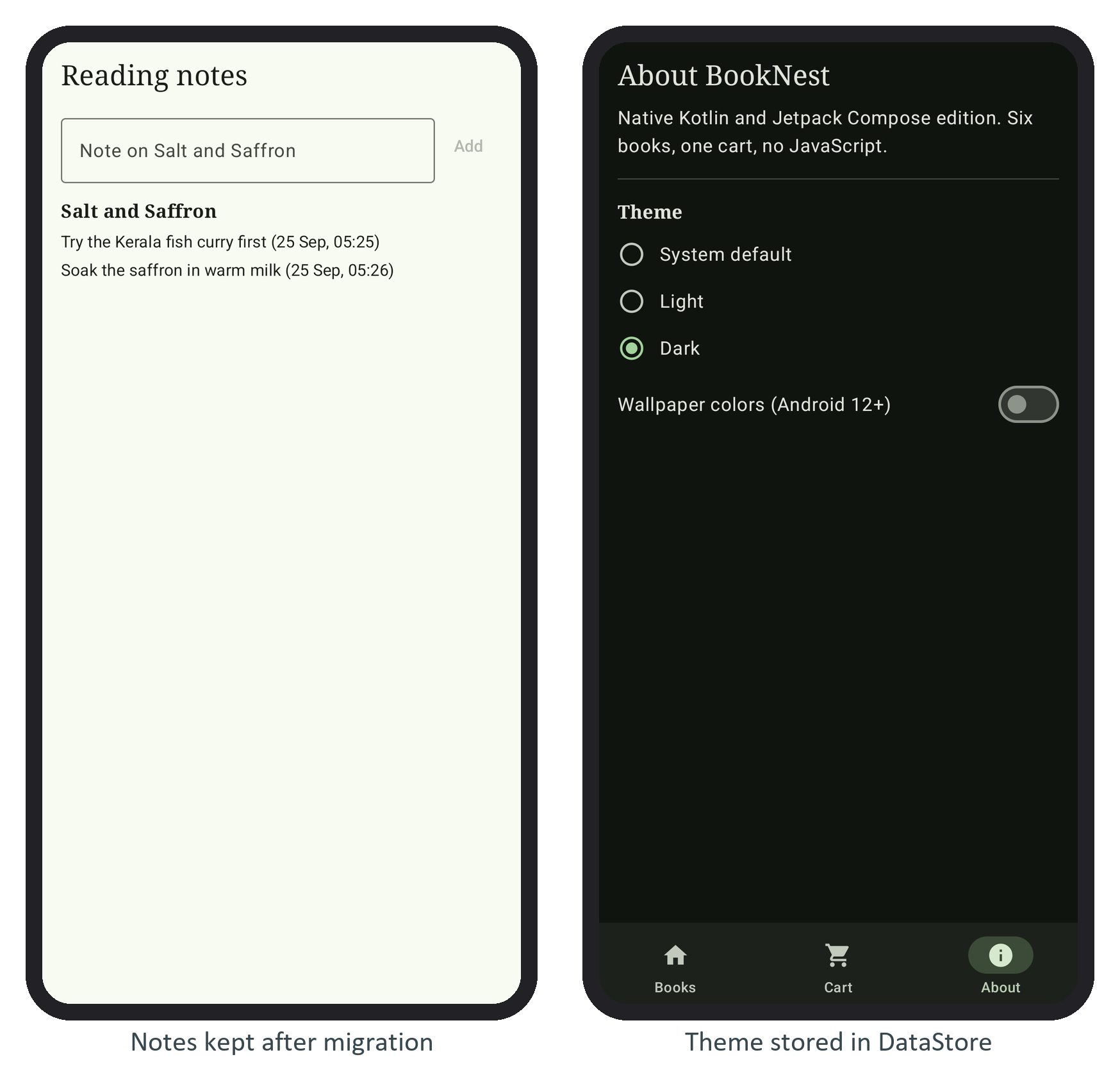 Reading notes in Room after the version 2 migration, and the theme setting stored in DataStore