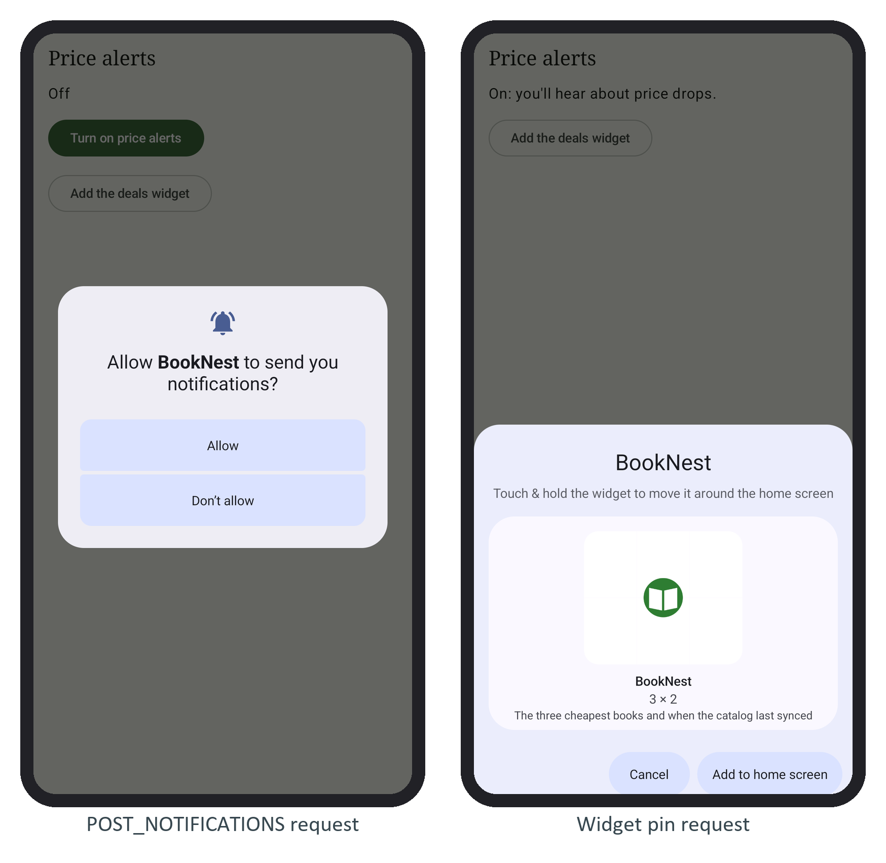 The notification permission dialog, and the widget pin request of Section 5.30.4