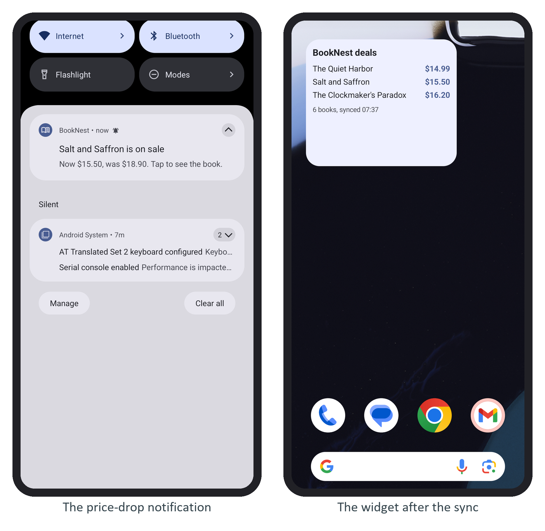 The price-drop notification in the shade, and the home screen widget of Section 5.30.4 after the same sync