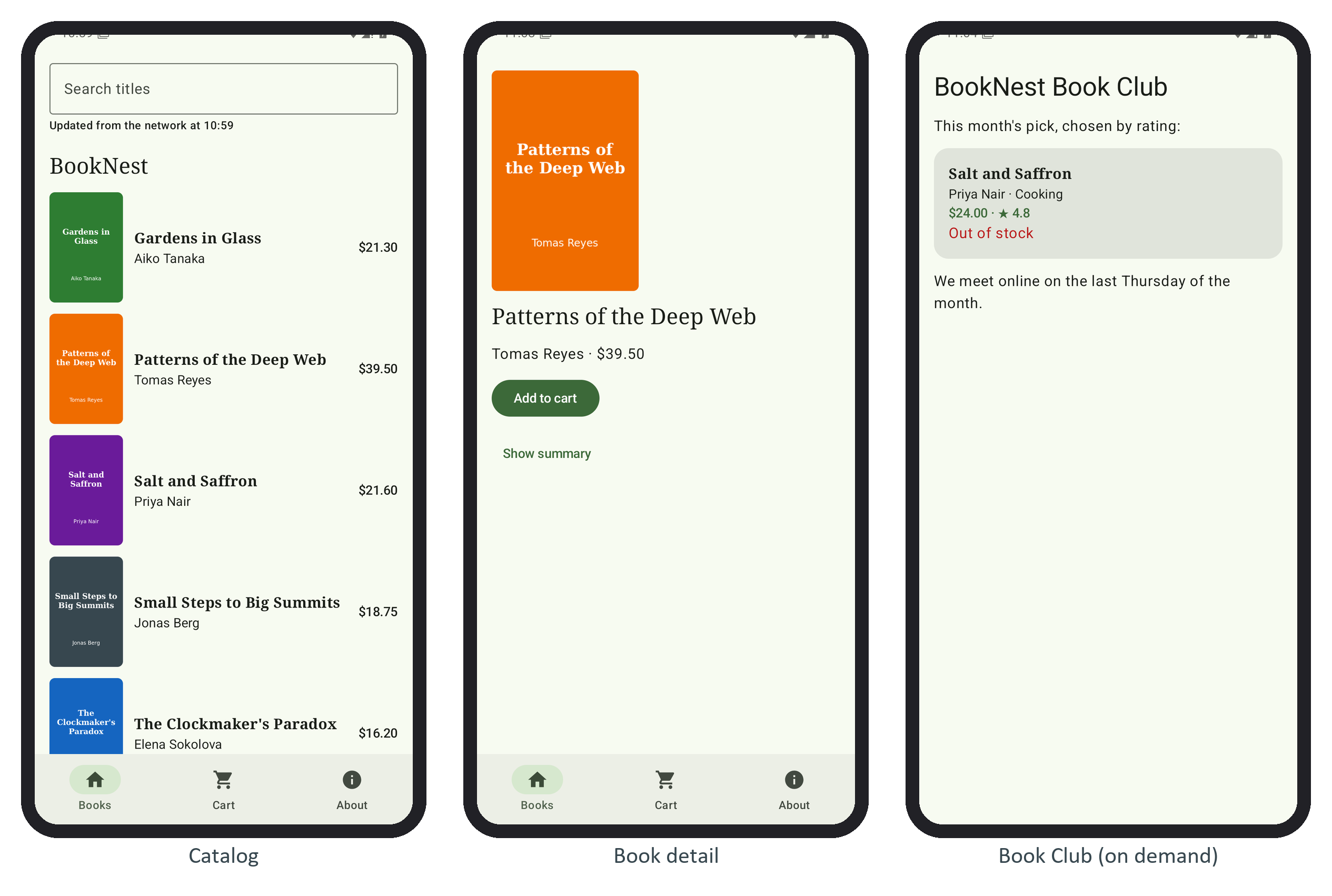 BookNest 1.0.0 from the signed release bundle: the catalog, a book, and the Book Club module installed on demand