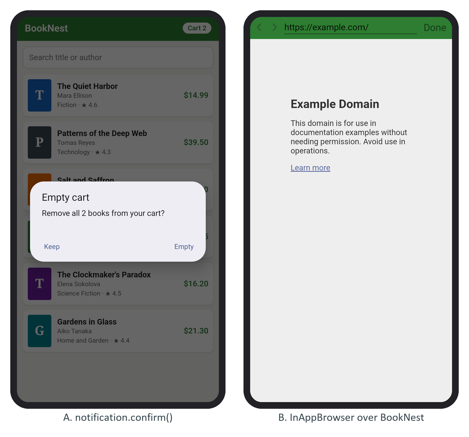 The native confirm dialog from BookNest's cart badge, and the InAppBrowser
