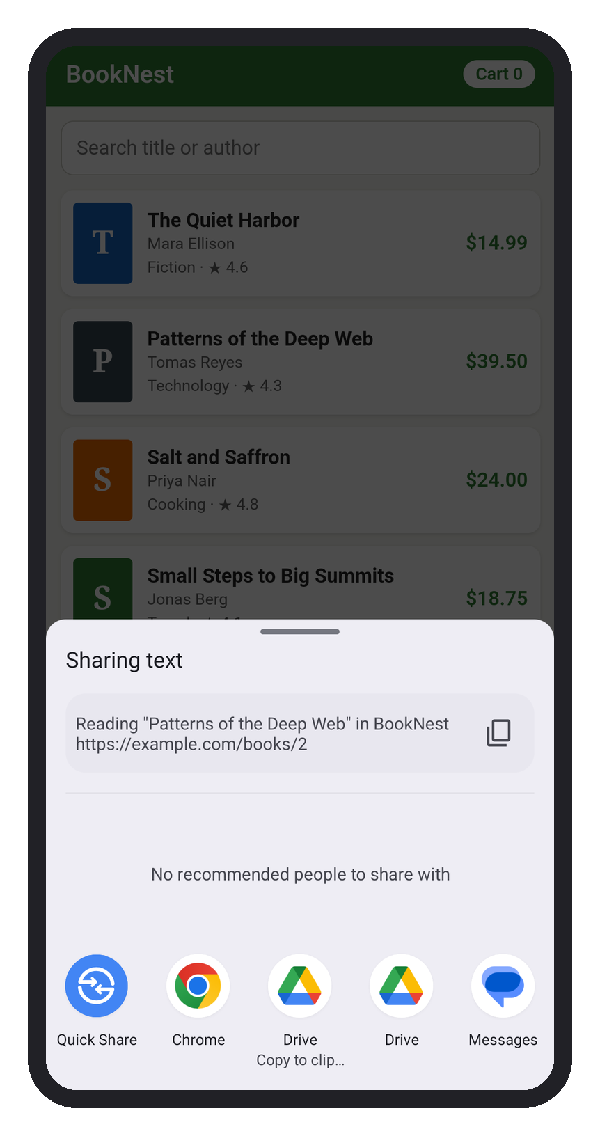 The Android share sheet opened by the SocialSharing plugin