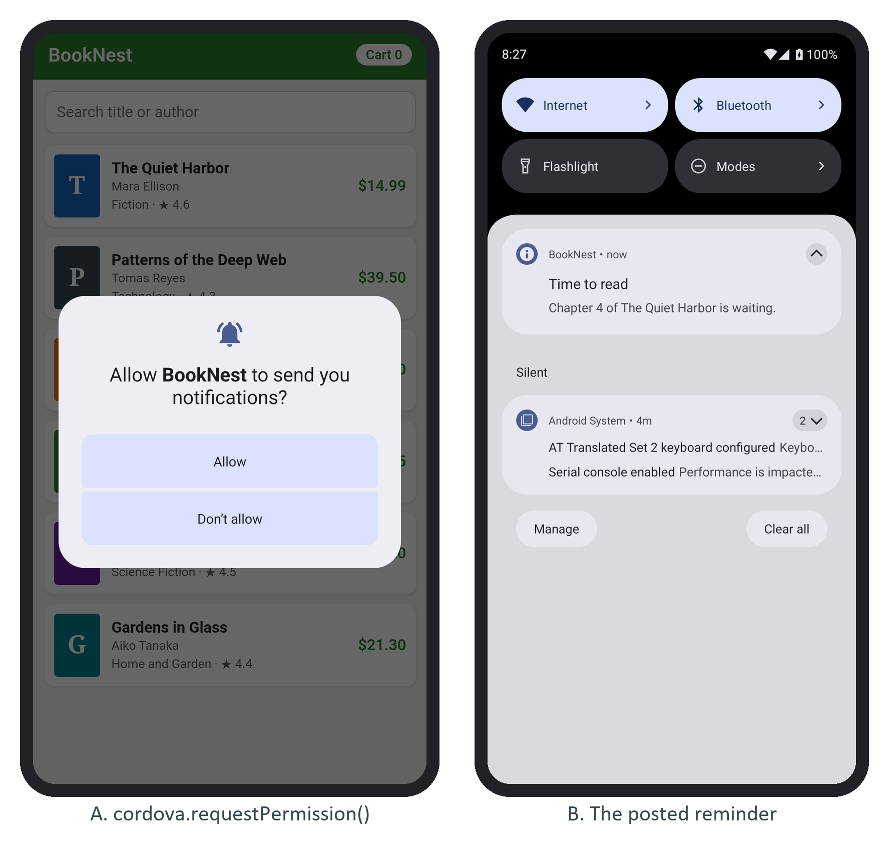 The permission prompt raised by the plugin, and the notification it posted after Allow