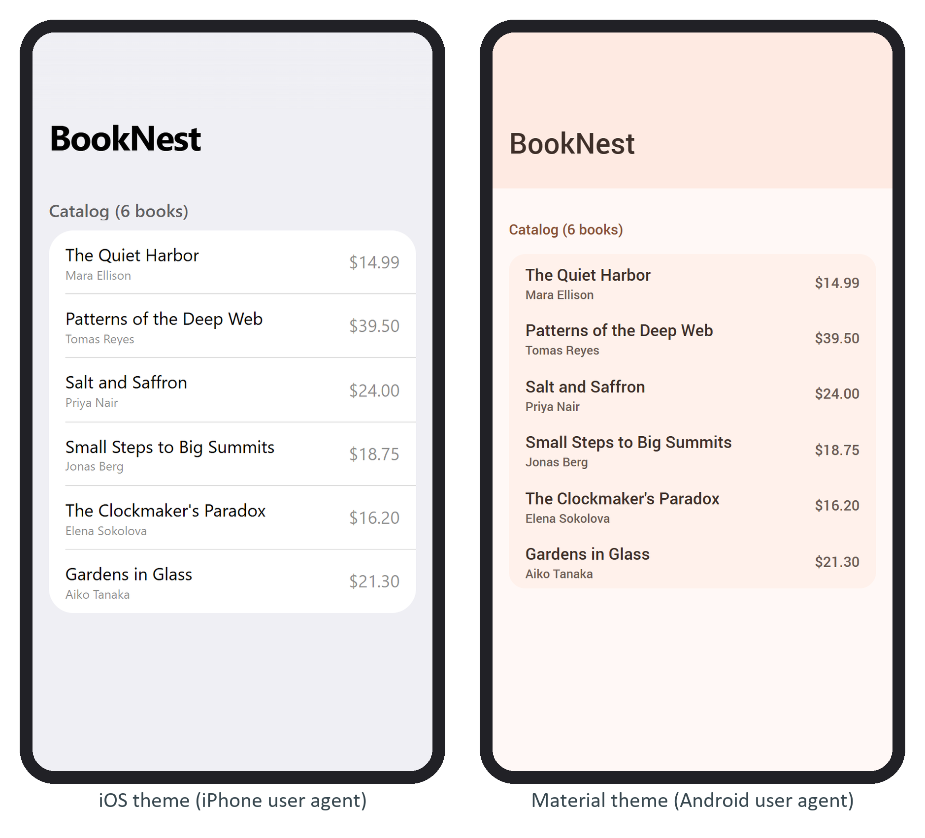 BookNest's home page in both themes, captured by headless Chrome on Windows (hence Windows fonts)