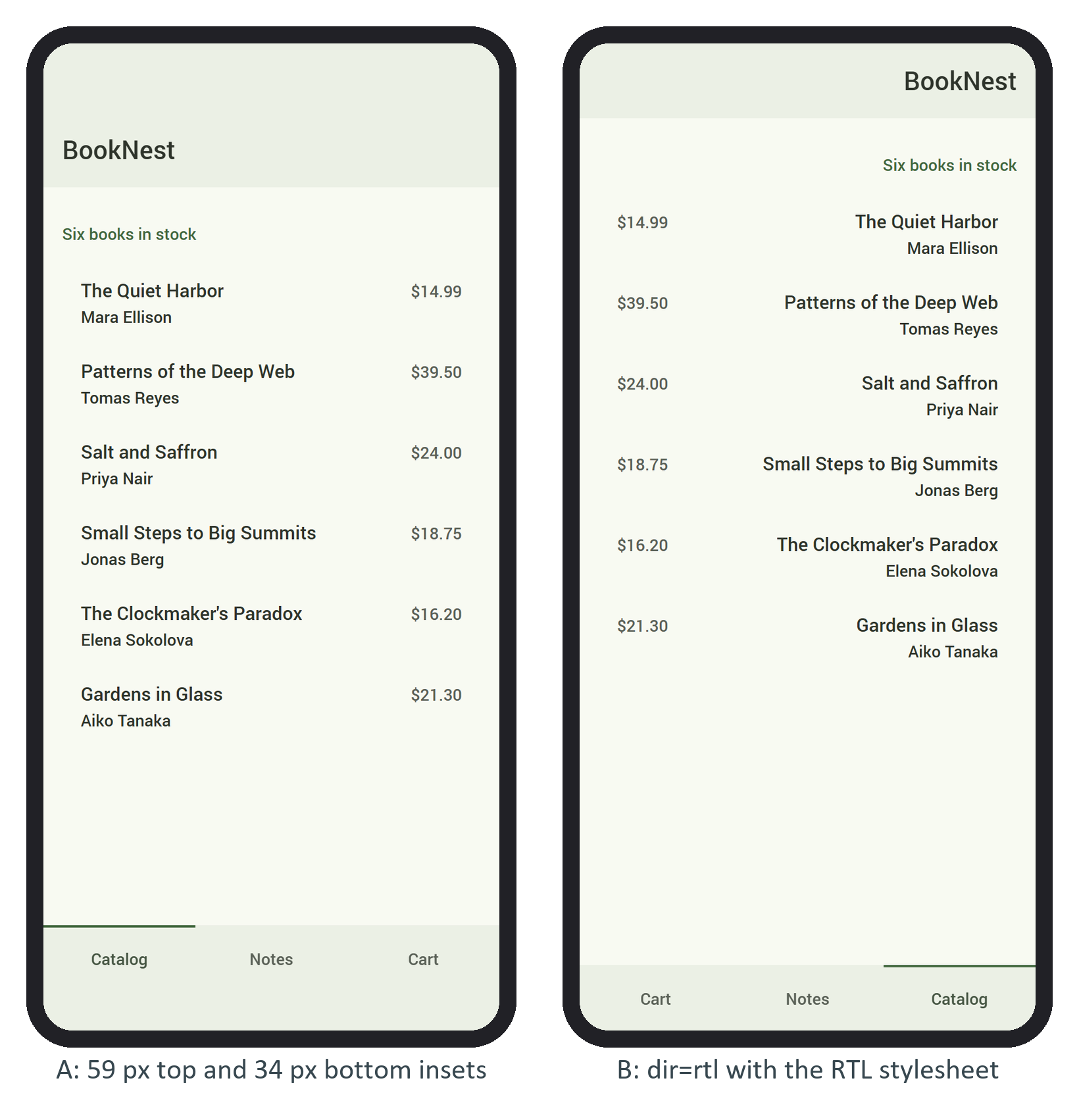 BookNest in Chrome with emulated insets (A) and in right-to-left mode (B)