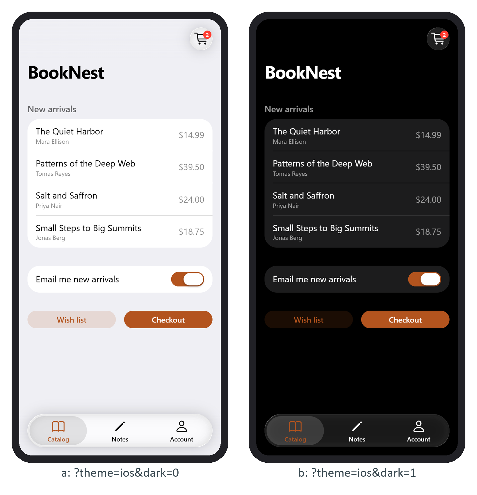 BookNest in the iOS theme, light (a) and dark (b), with the glass cart button and tab bar