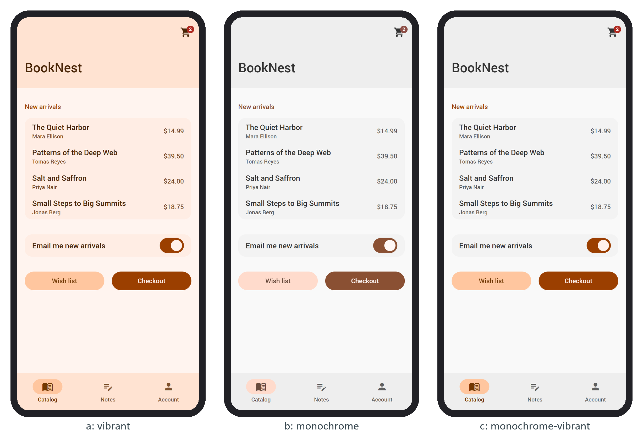 BookNest's Material theme with ?scheme=vibrant (a), monochrome (b) and monochrome-vibrant (c)