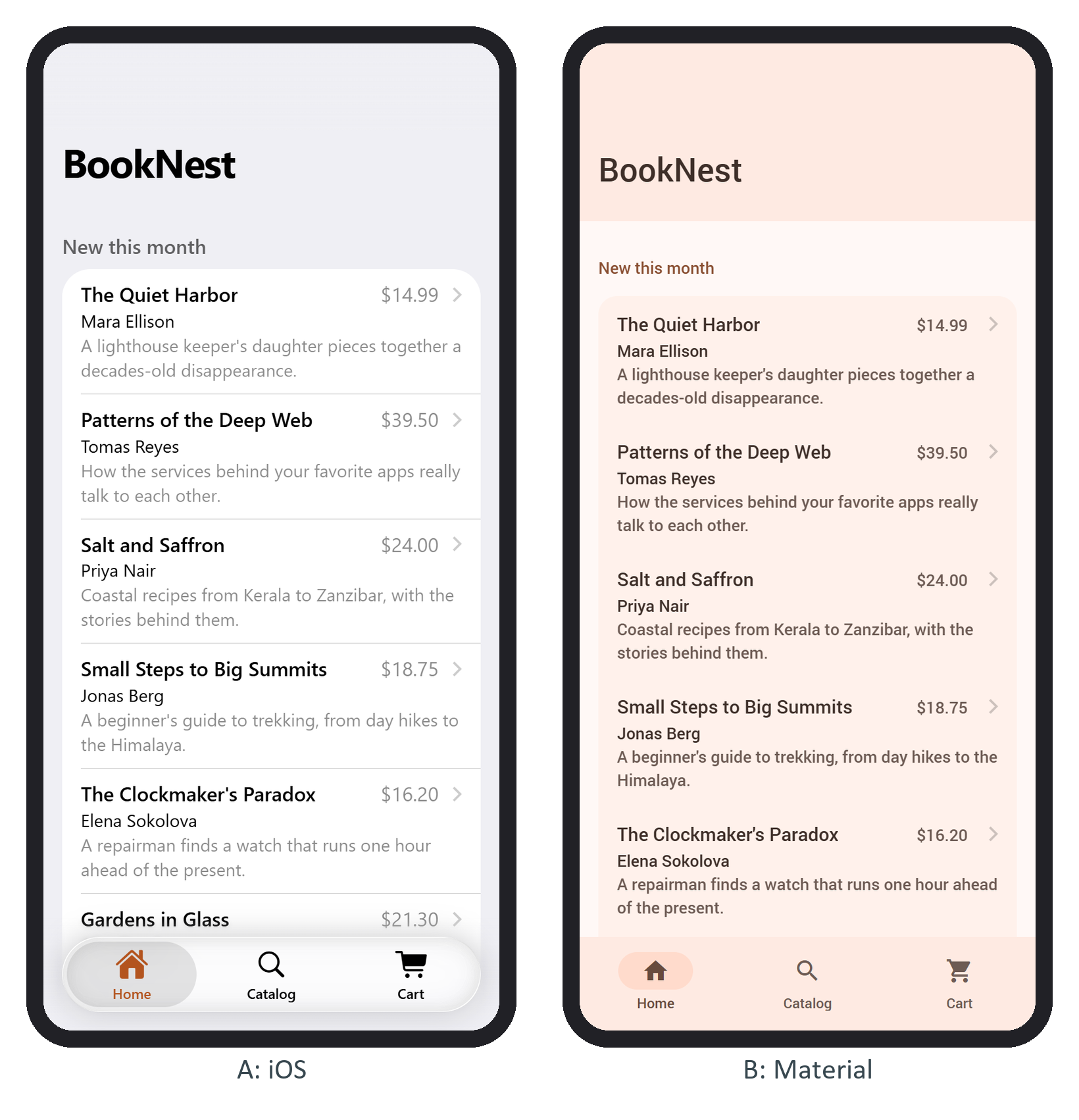 BookNest's large-title home page in the iOS theme (A) and the Material theme (B)