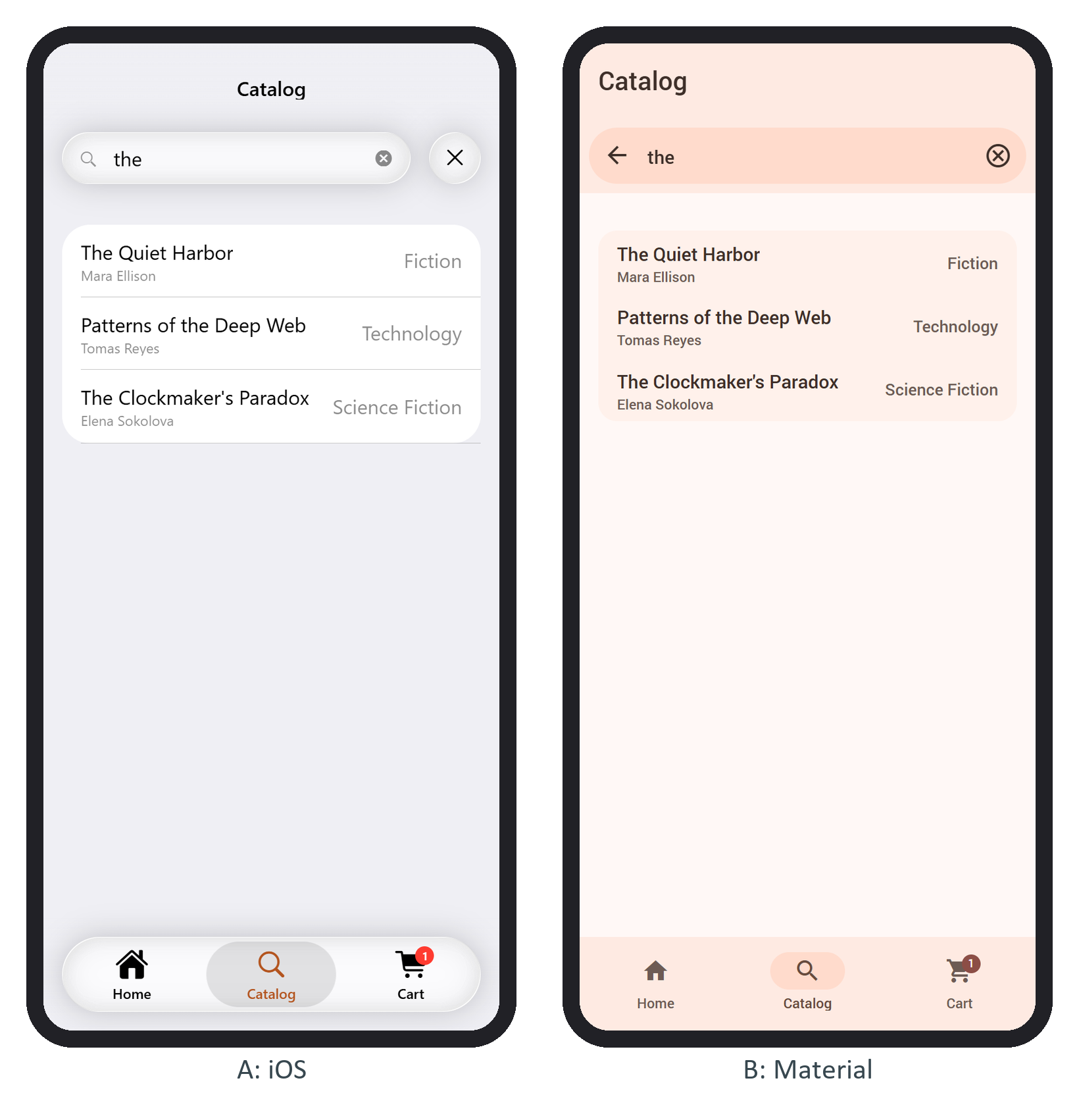 The catalog's subnavbar searchbar and the tab bar with a cart badge, in iOS (A) and Material (B)