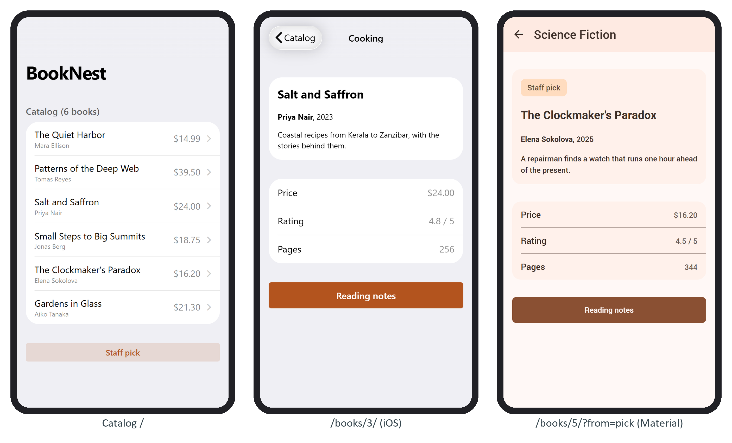 The catalog, a detail page on the iOS theme, and a detail page opened with props on the Material theme