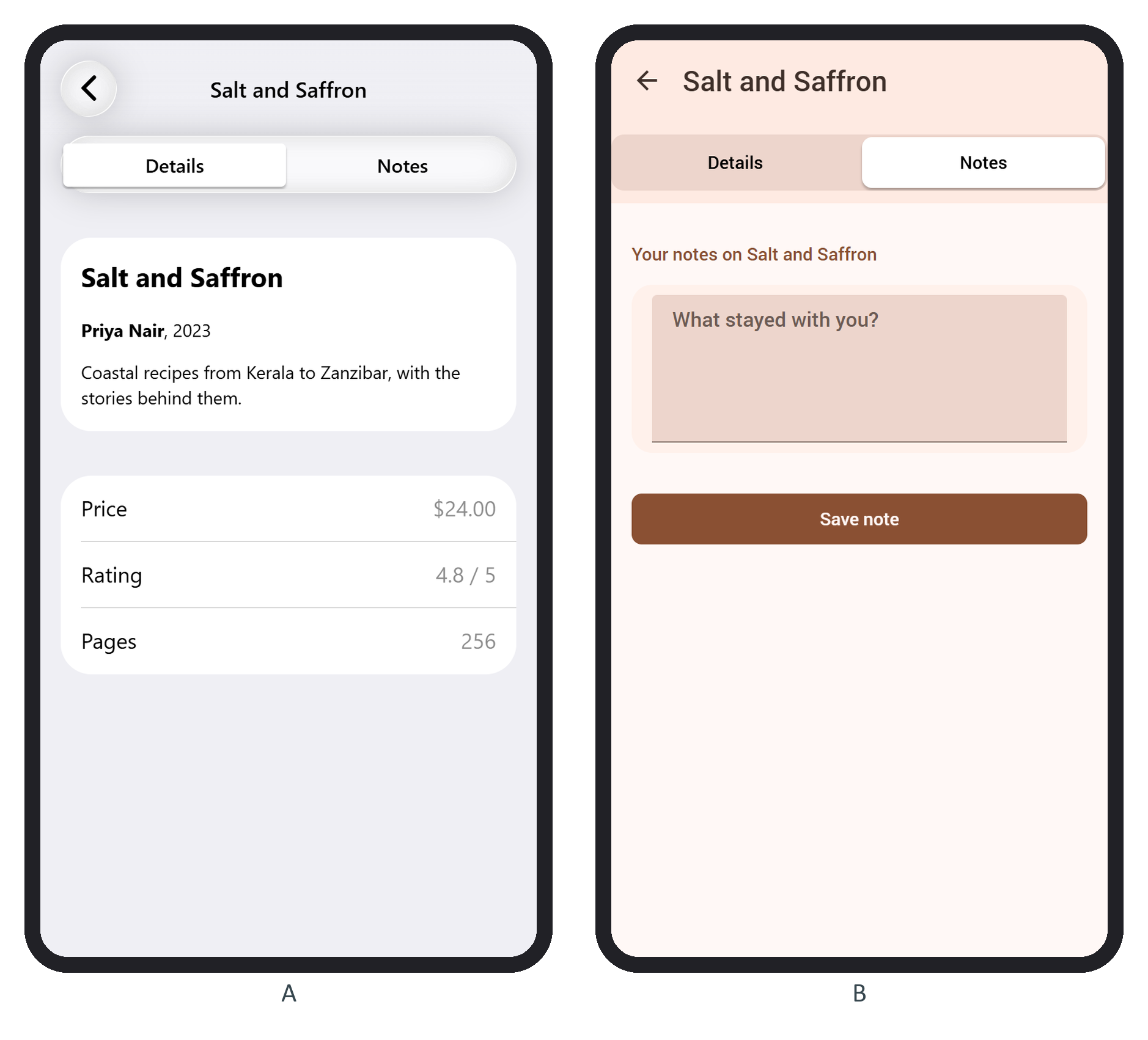 The Details tab in the iOS theme (A) and the Notes tab in the Material theme (B), at 390 pixels wide