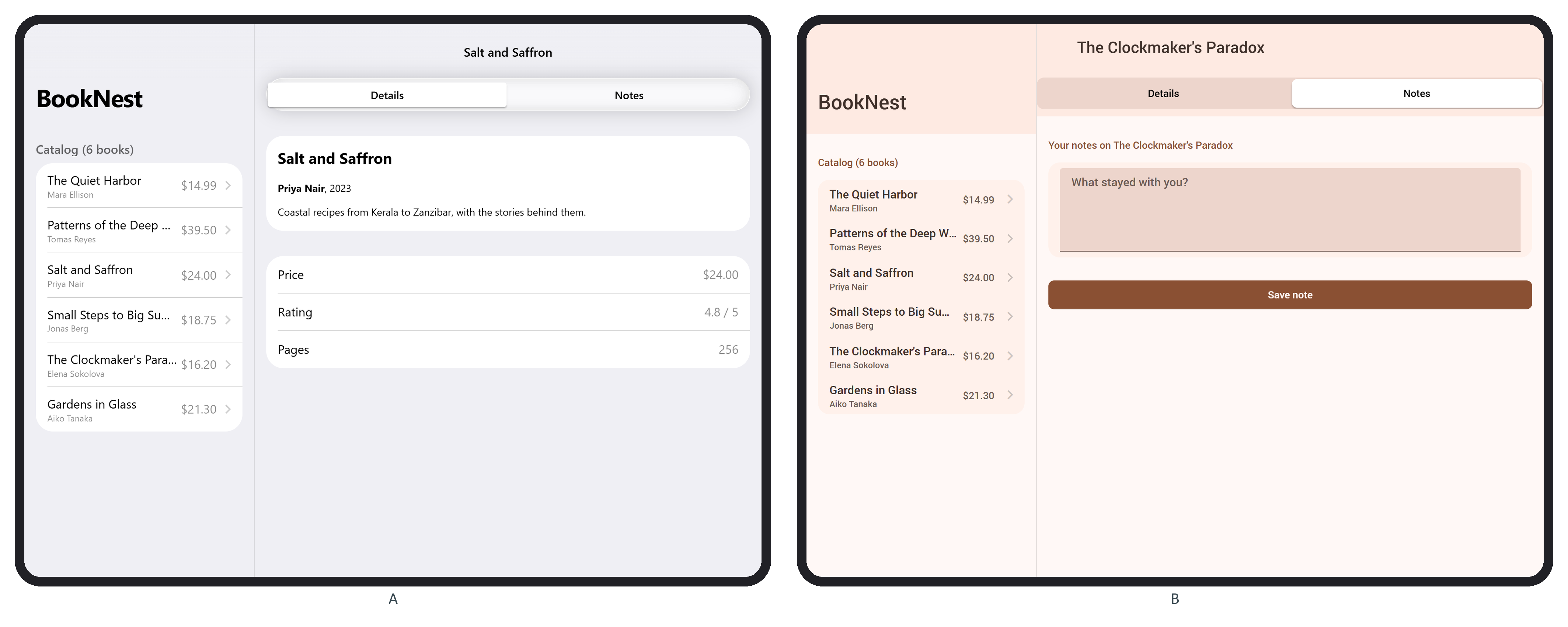 BookNest at 1024 by 768 pixels: Salt and Saffron beside the catalog in iOS (A), and the Notes tab of The Clockmaker's Paradox in Material (B)