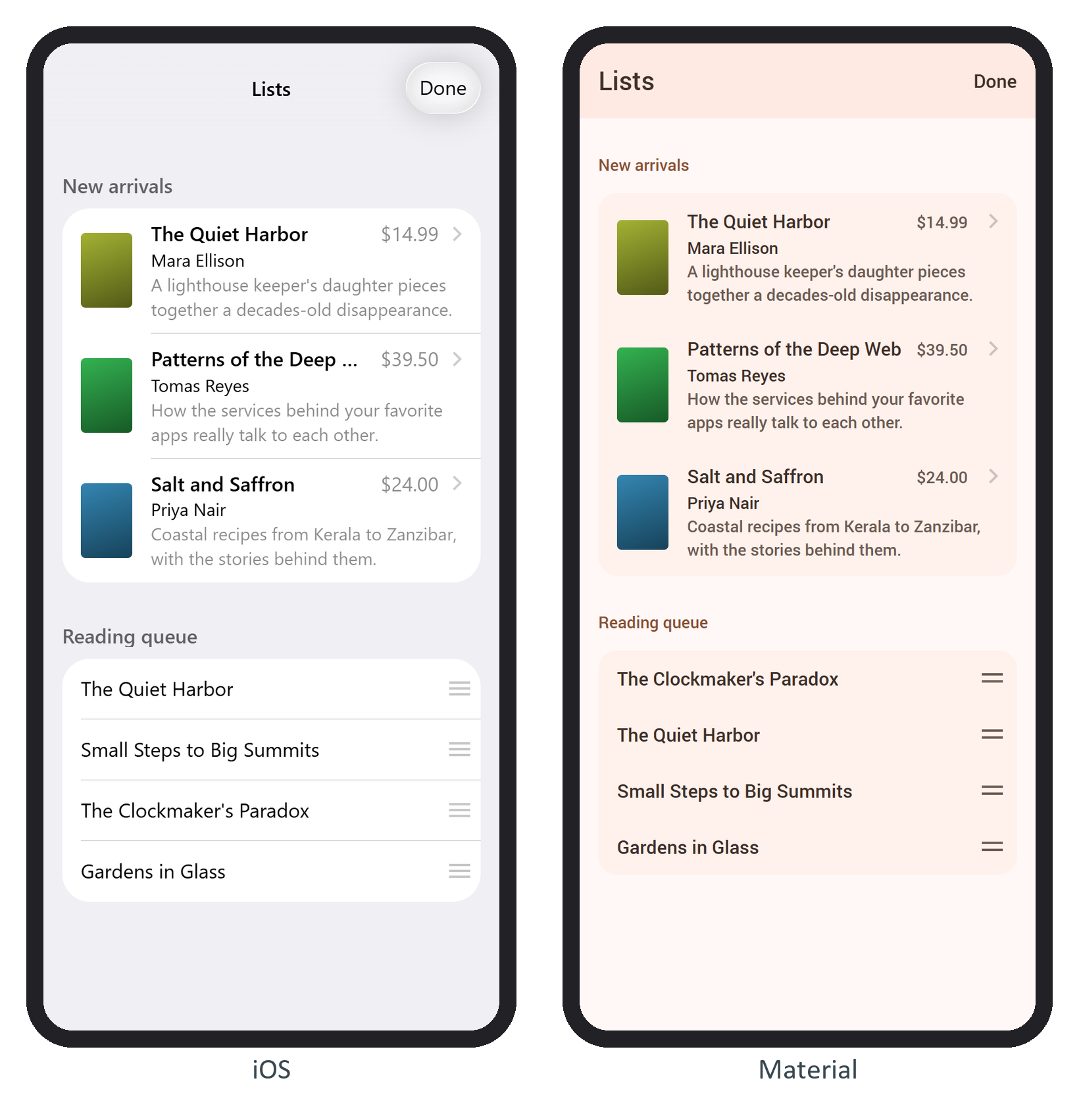 A media list and a sortable list in edit mode, in iOS (after the drag) and Material