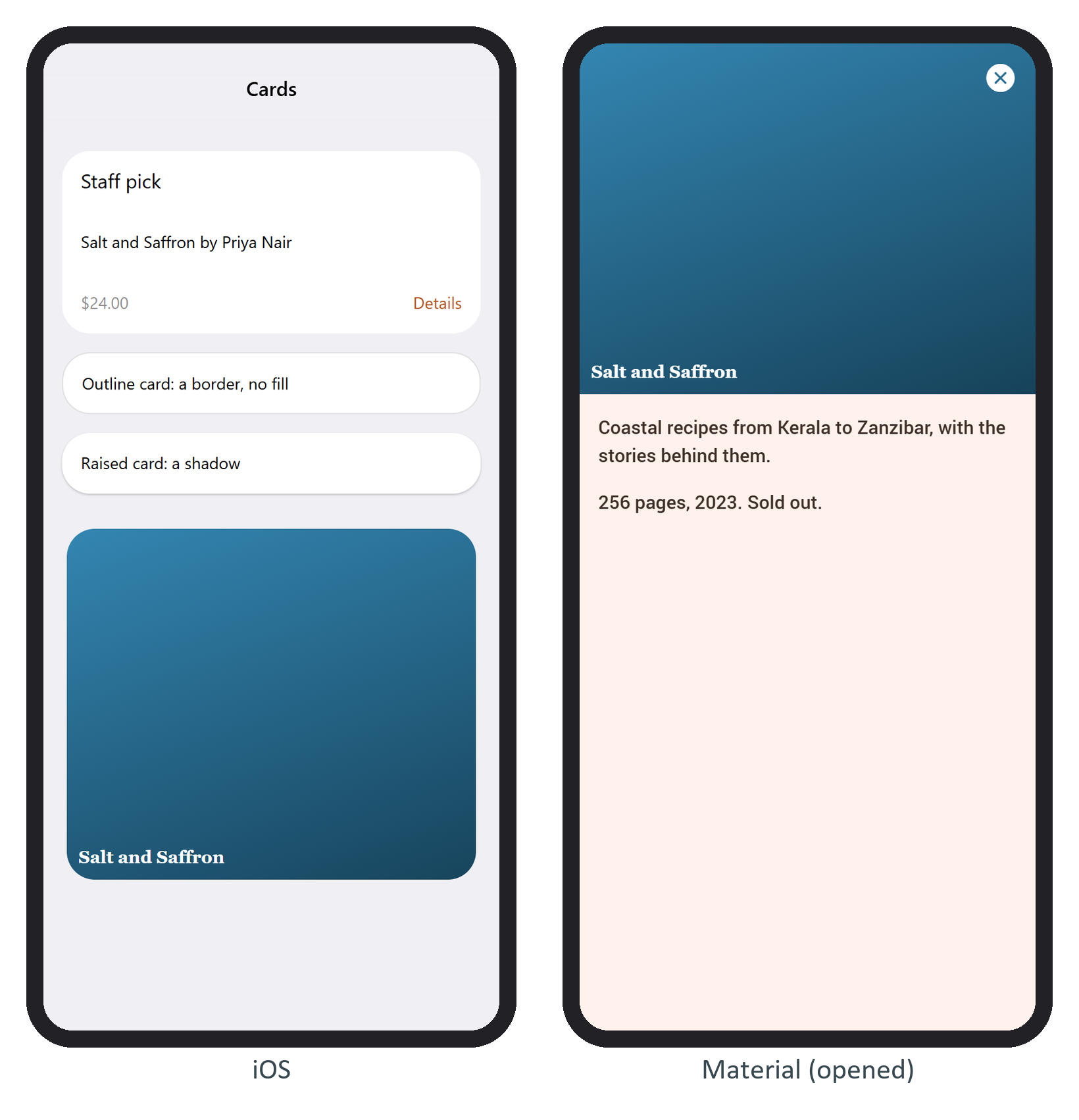 Simple, outline, raised and closed expandable cards in iOS; the expandable card opened in Material