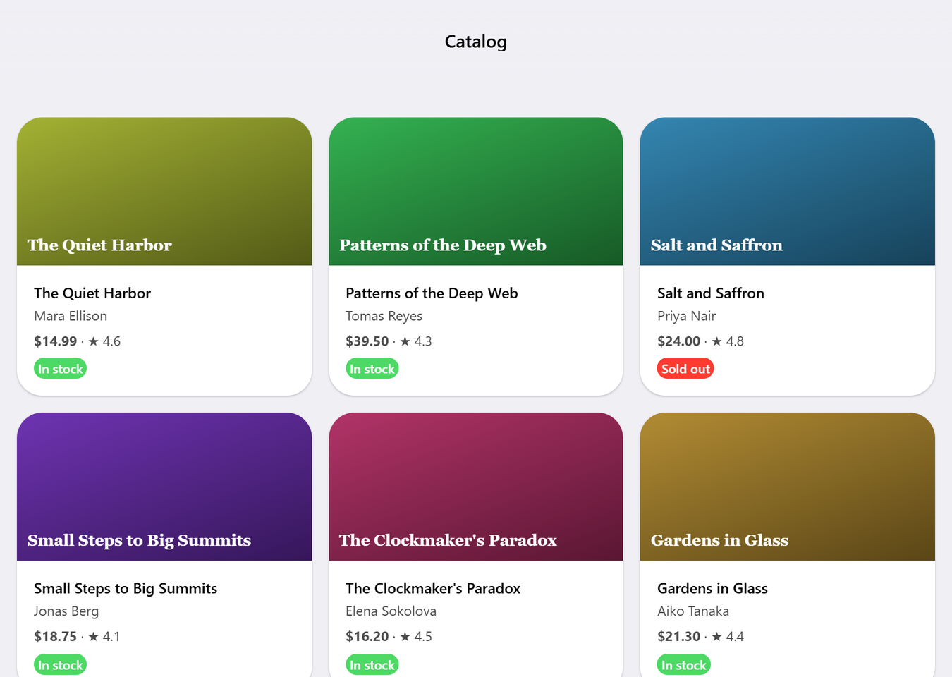 The catalog grid at 900 px wide, three columns