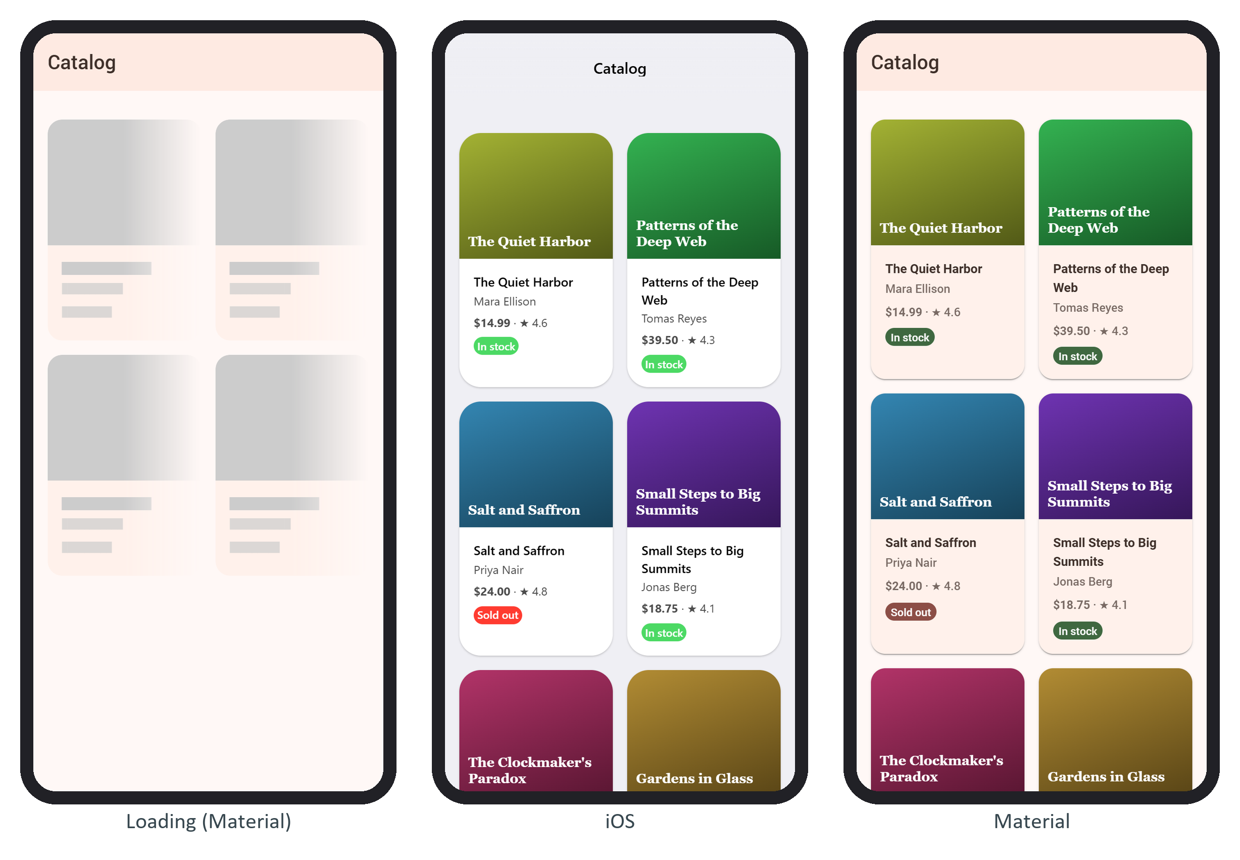 The catalog while loading (Section 2.9.7), then finished in iOS and Material