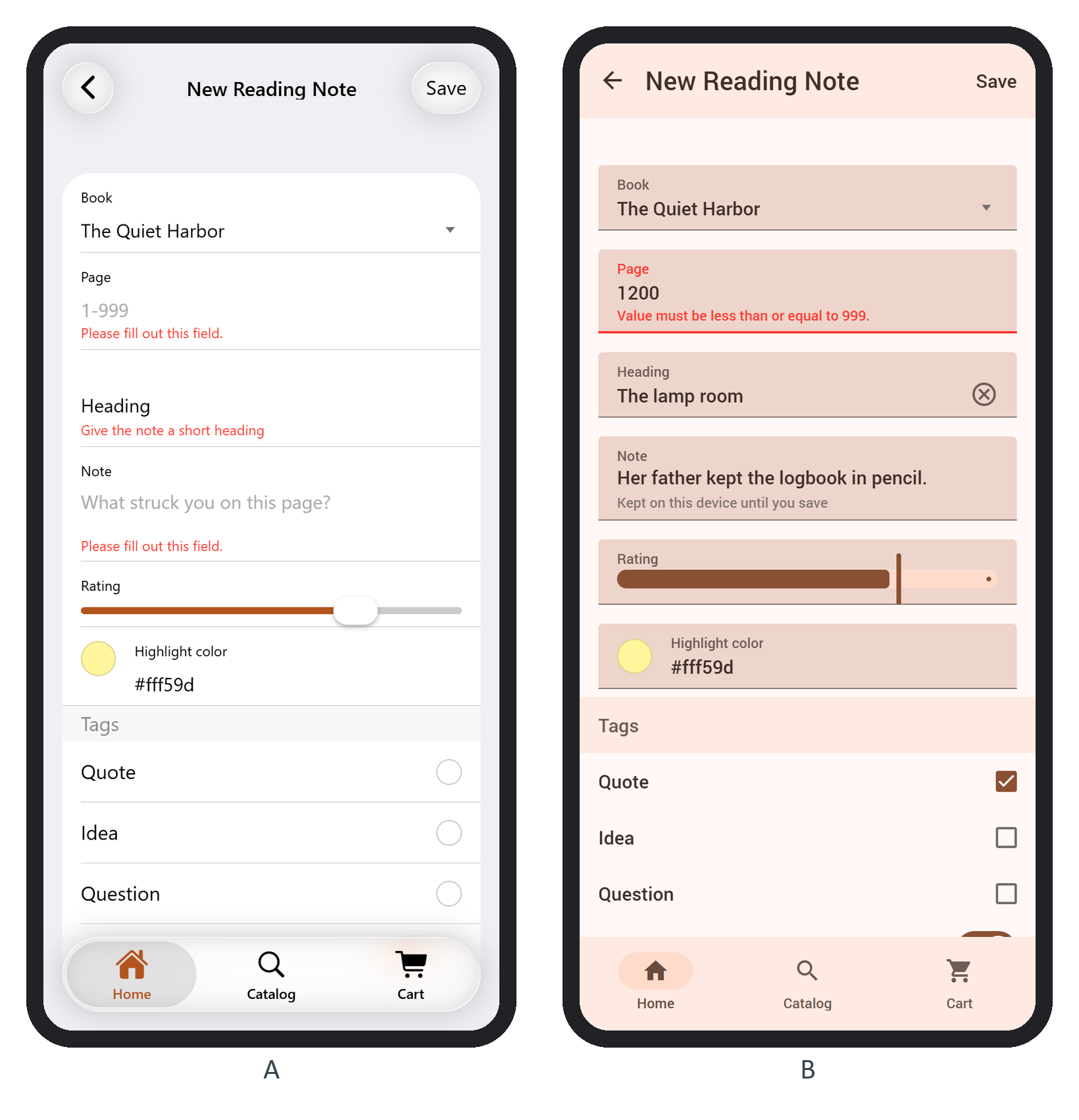 The note form after Save on an empty form in iOS (A), and with an out-of-range page in Material (B)