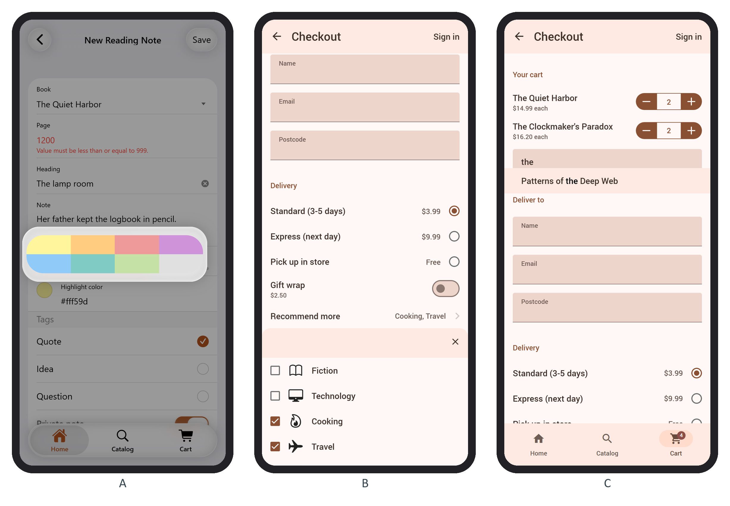 The color picker popover in iOS (A), the genre smart select in a sheet (B) and the autocomplete dropdown (C) in Material
