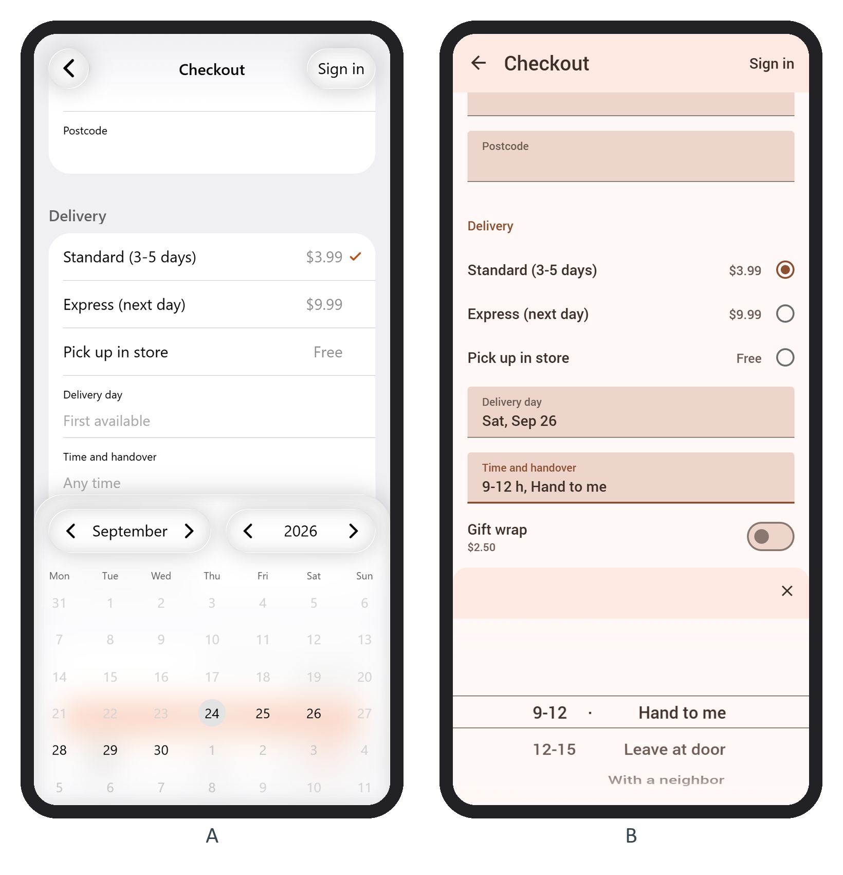 The delivery-day calendar in iOS, with past days, today and Sunday disabled (A), and the Saturday slots in the picker in Material (B)