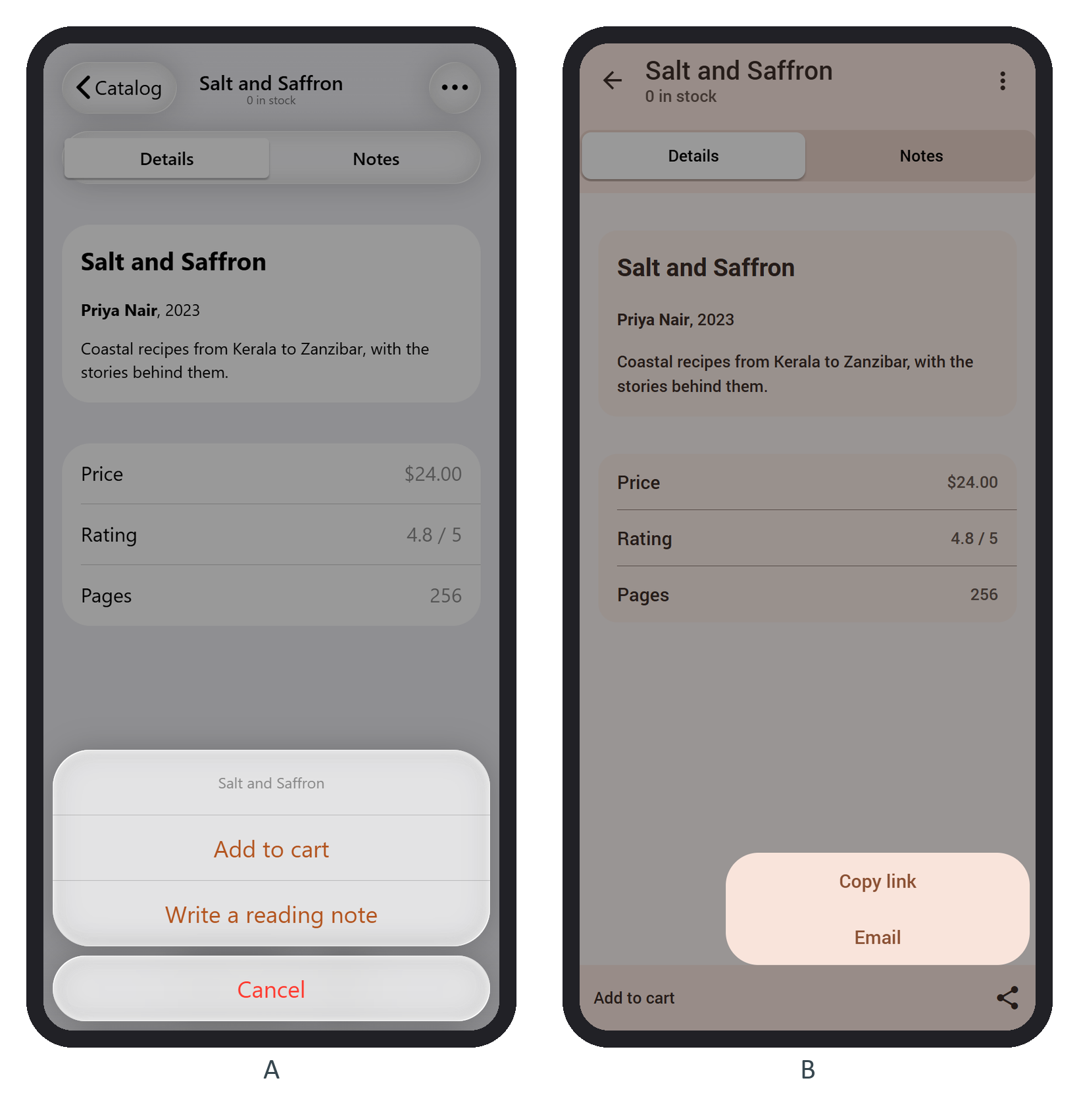 The book page's action sheet in iOS (A), and the share popover in Material (B)