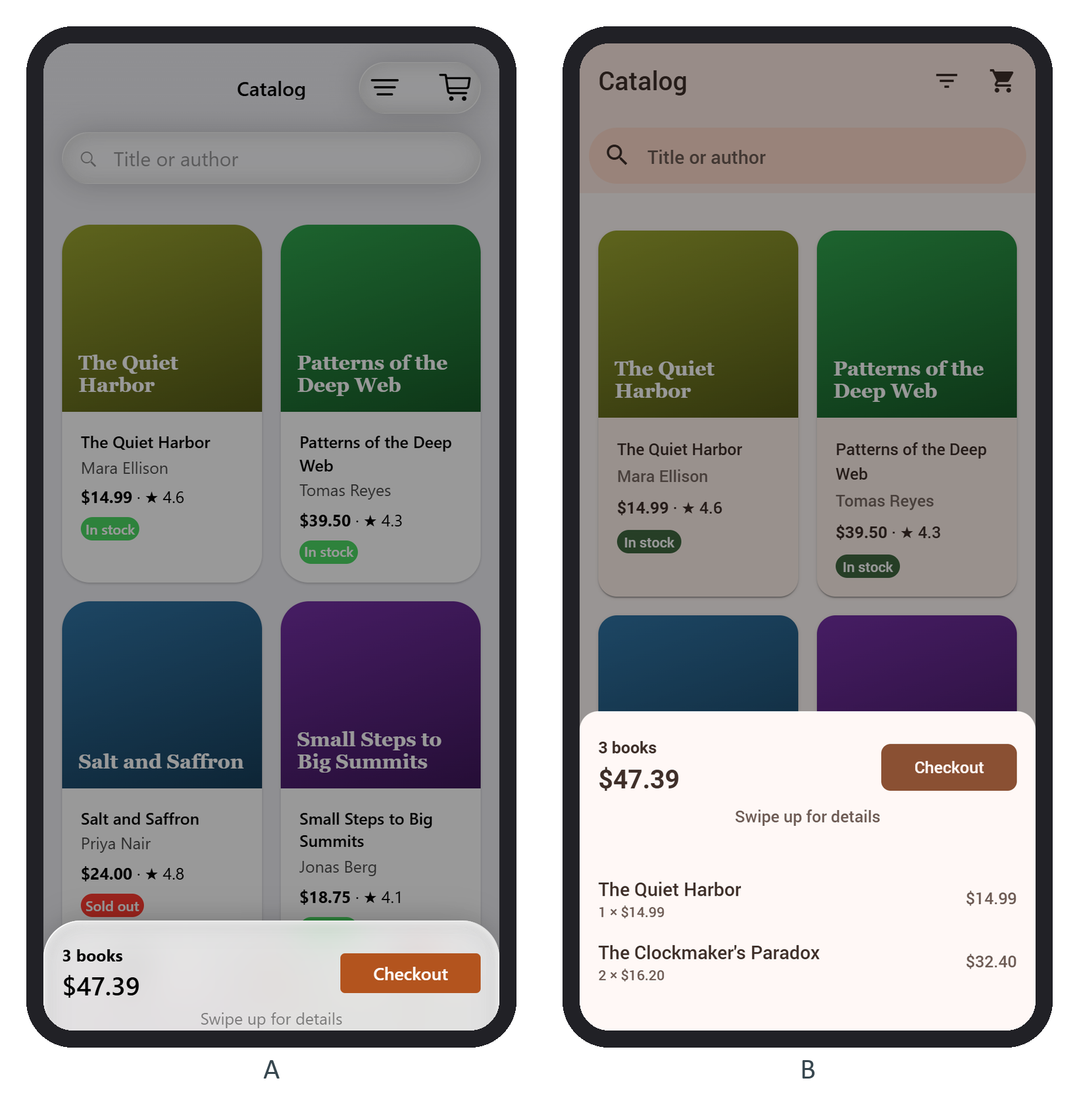 The mini cart at its swipe step in iOS (A), and fully open in Material (B)