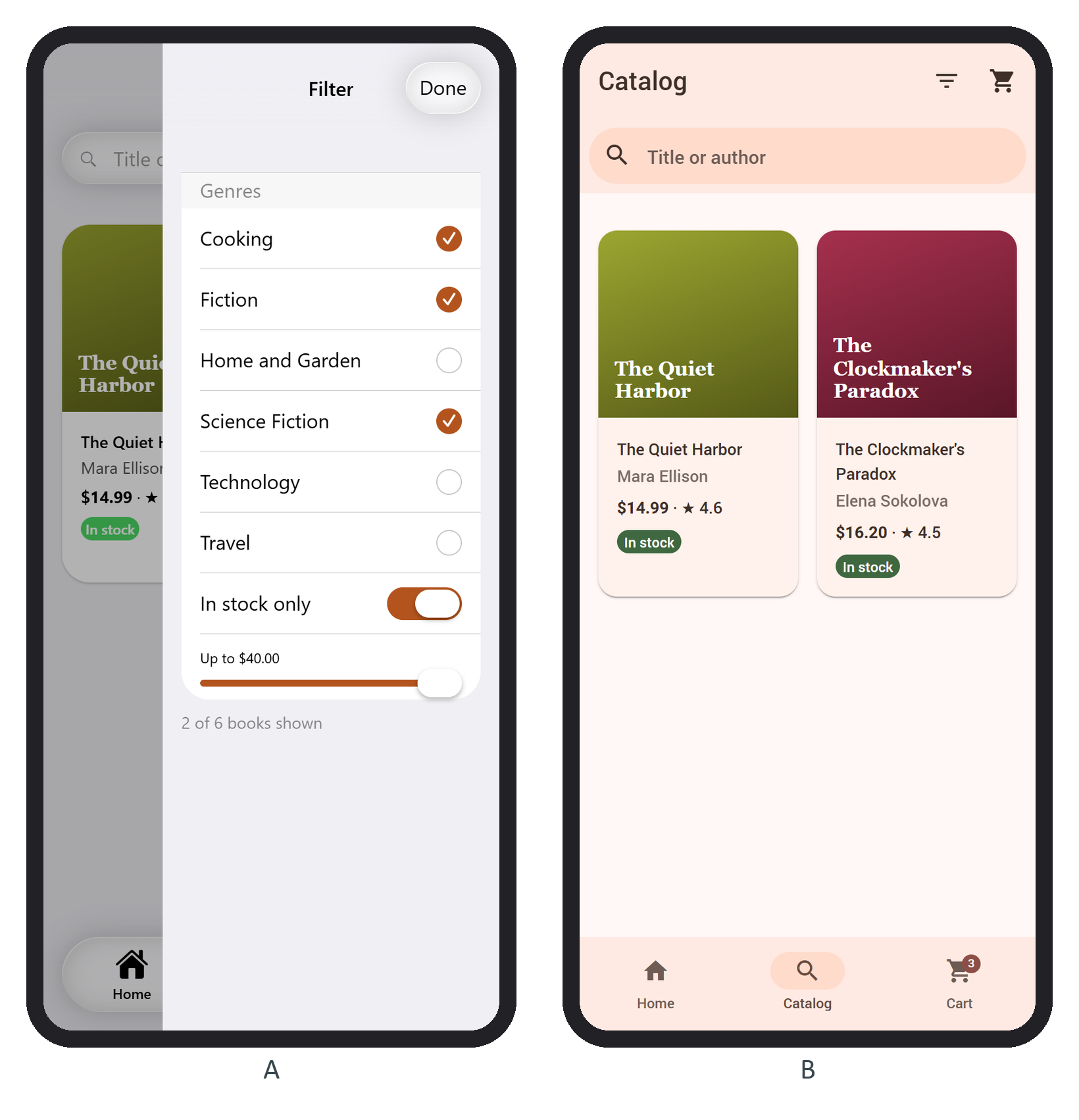 The filter panel in iOS (A), and the filtered catalog in Material (B)