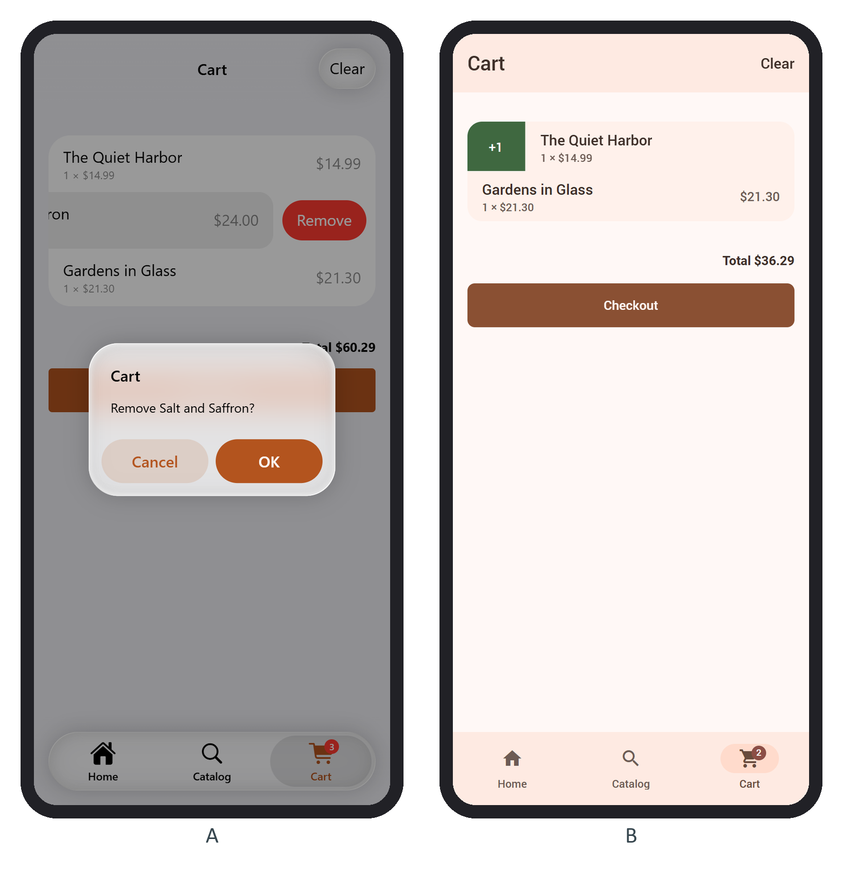 Remove and its confirm in iOS (A), and the +1 action in Material (B)