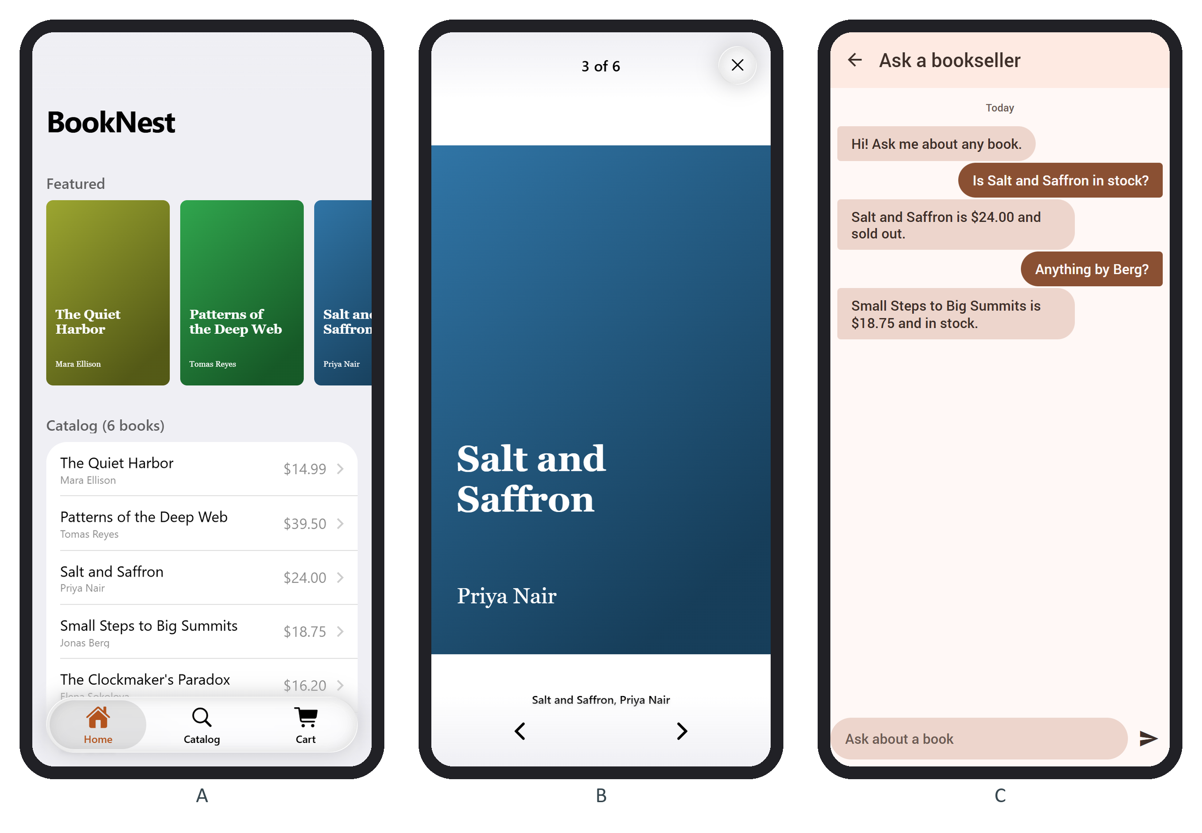 The Featured carousel (A) and the Photo Browser (B) in iOS, and the bookseller chat of Section 2.14.4 in Material (C)