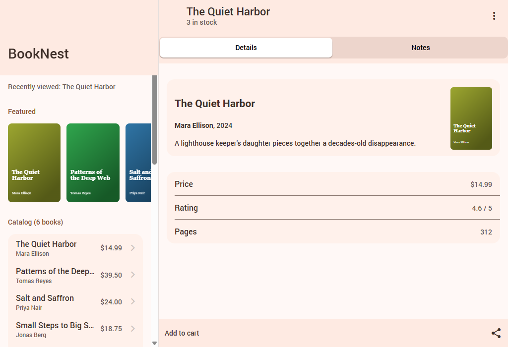 BookNest in an Electron window 1,024 pixels wide: the master-detail layout of Section 2.8 with the first book open