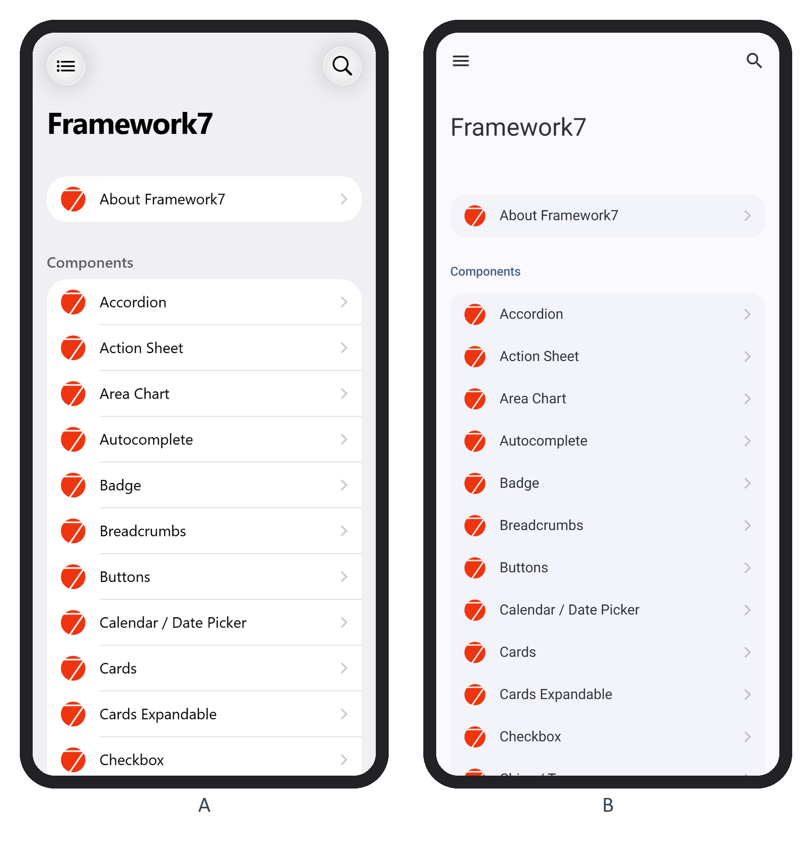 The Framework7 Kitchen Sink in the iOS theme (A) and the Material theme (B)