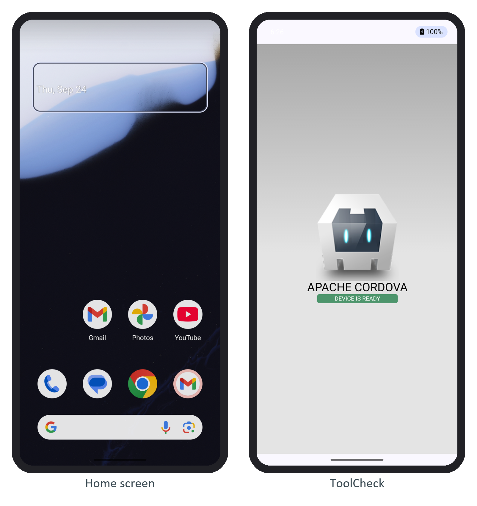 The book AVD's home screen, and the ToolCheck app from Section 1.2.4 after adb install