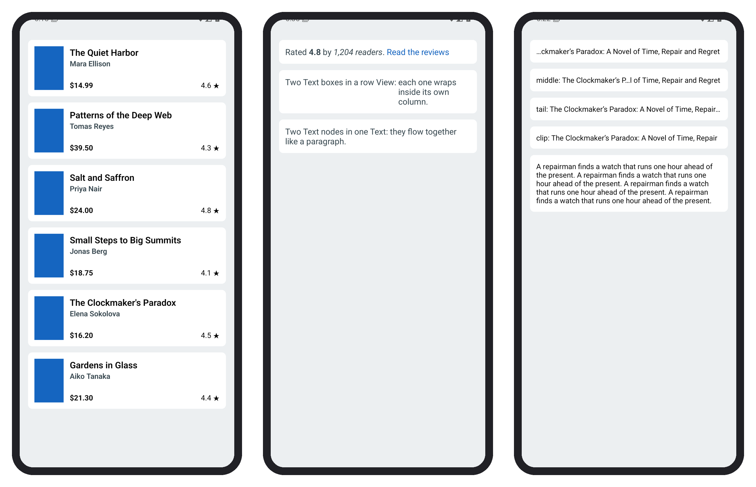 BookCards (Section 3.4.1), NestedText (Section 3.4.4) and LongText with its summary expanded