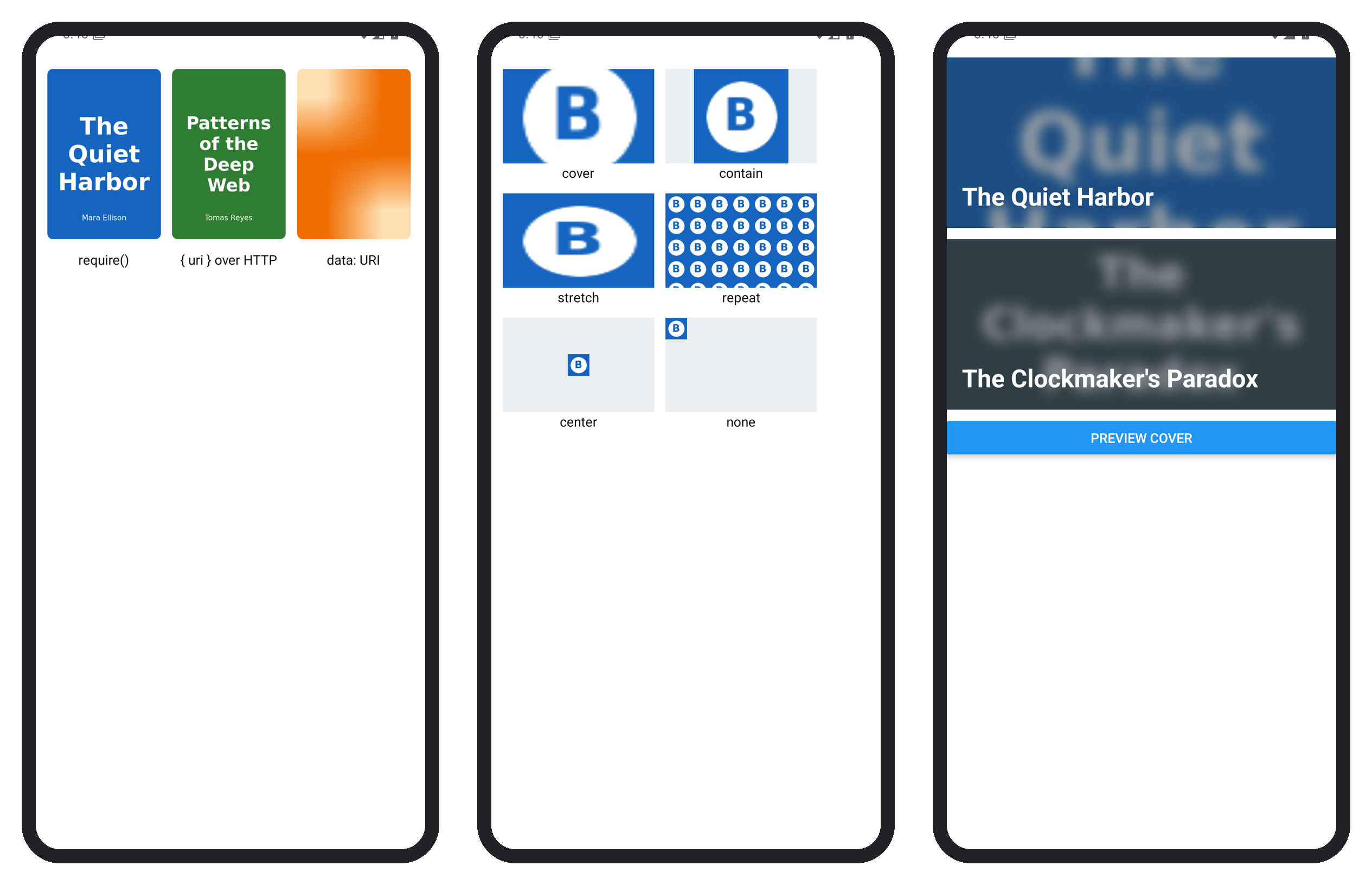 The three image sources (Section 3.5.1), the six resize modes, and the two book banners (Section 3.5.4)