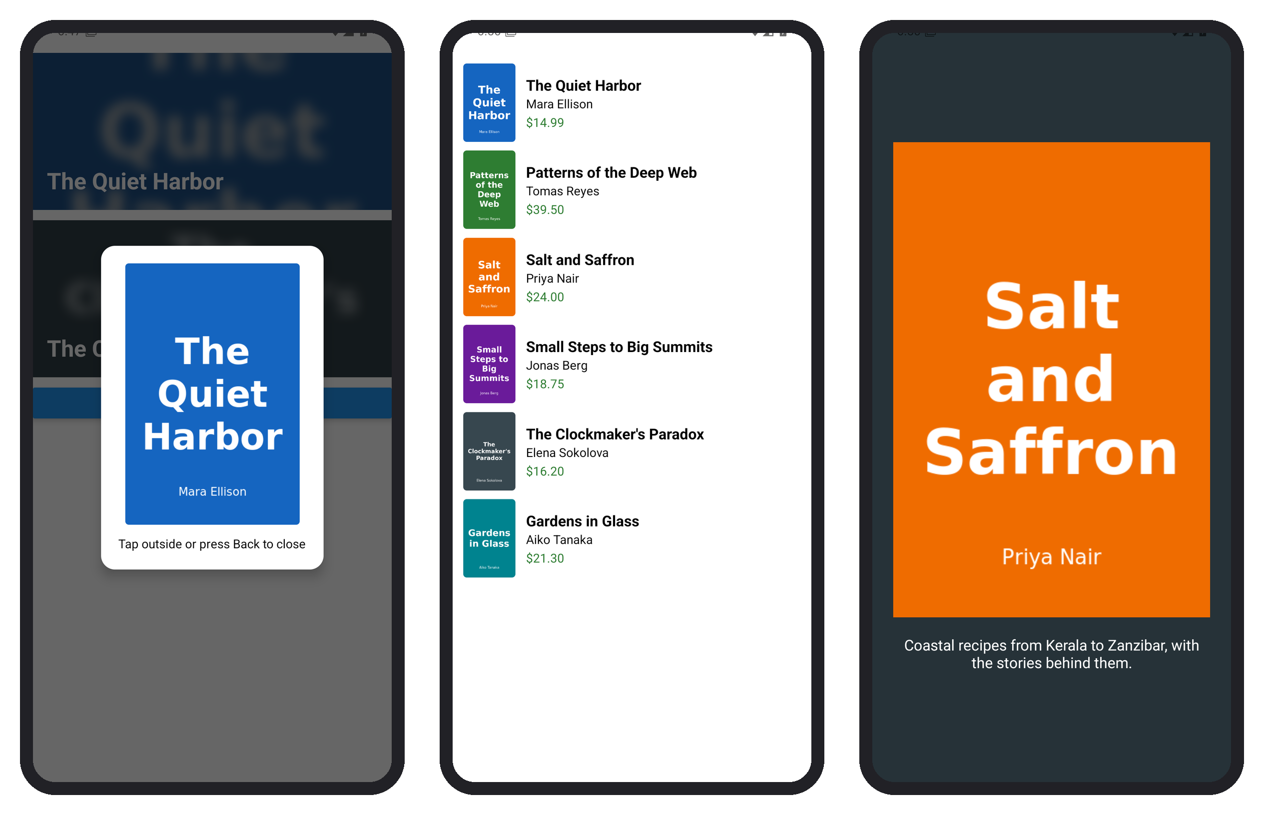 The cover-preview modal (Section 3.5.5), BookNest's catalog with expo-image thumbnails, and the cover modal after tapping Salt and Saffron