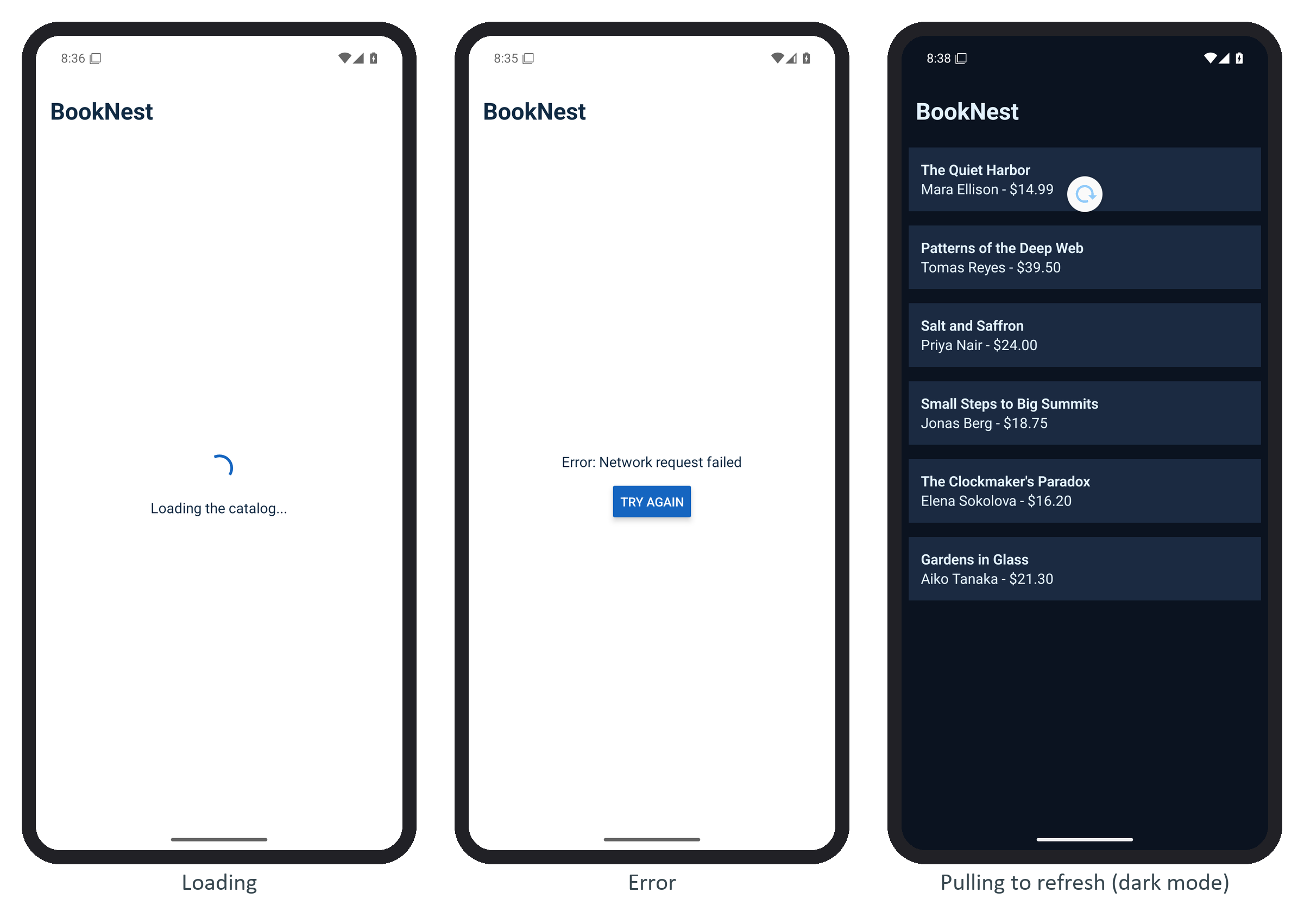 BookNest's catalog while loading, after its first request fails, and mid-pull on the refresh control after Try again, with the emulator in dark mode