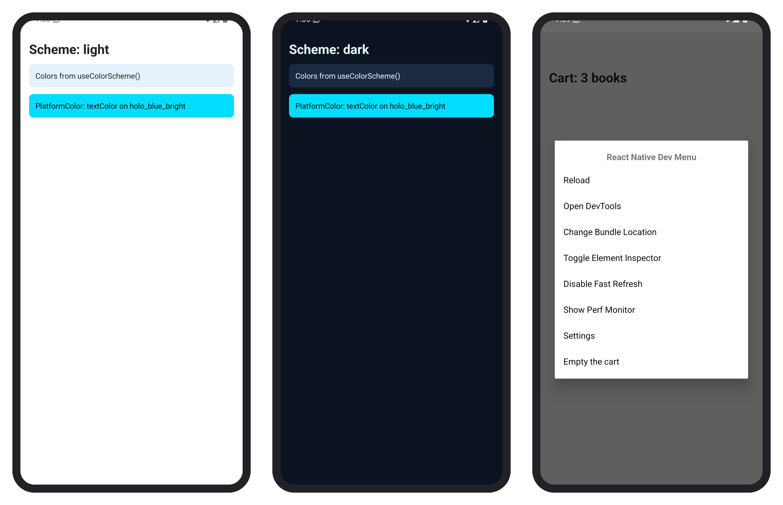 Themed in light and dark mode (Sections 3.9.2 and 3.9.7), and the React Native Dev Menu with the added item