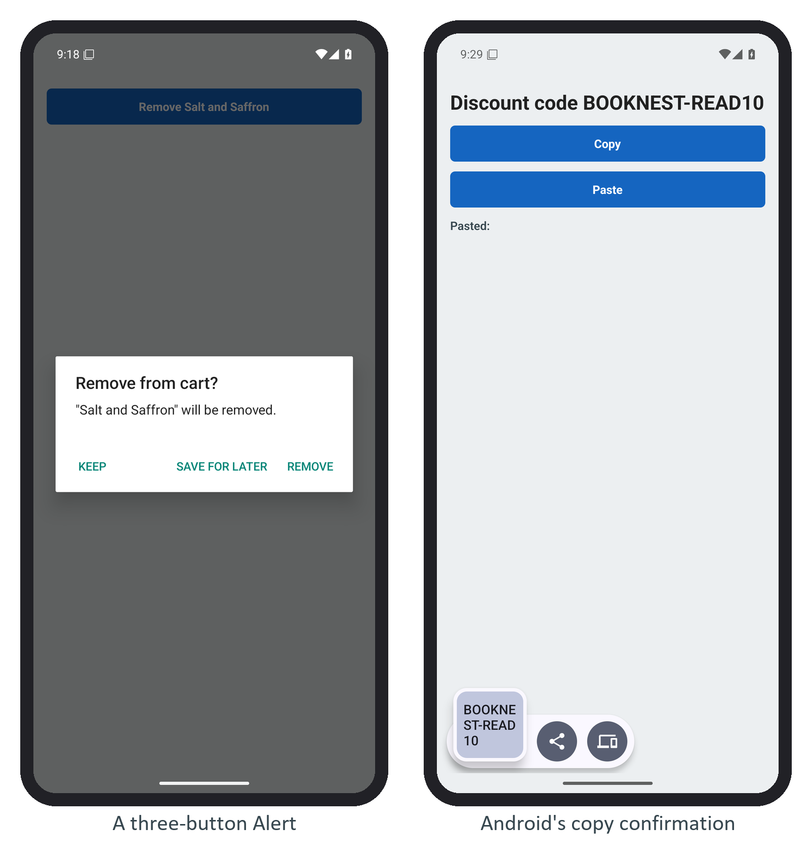 Left, the three-button Alert on Android, where Keep takes the neutral slot on the far left; right, Android's copy confirmation from Section 3.12.10