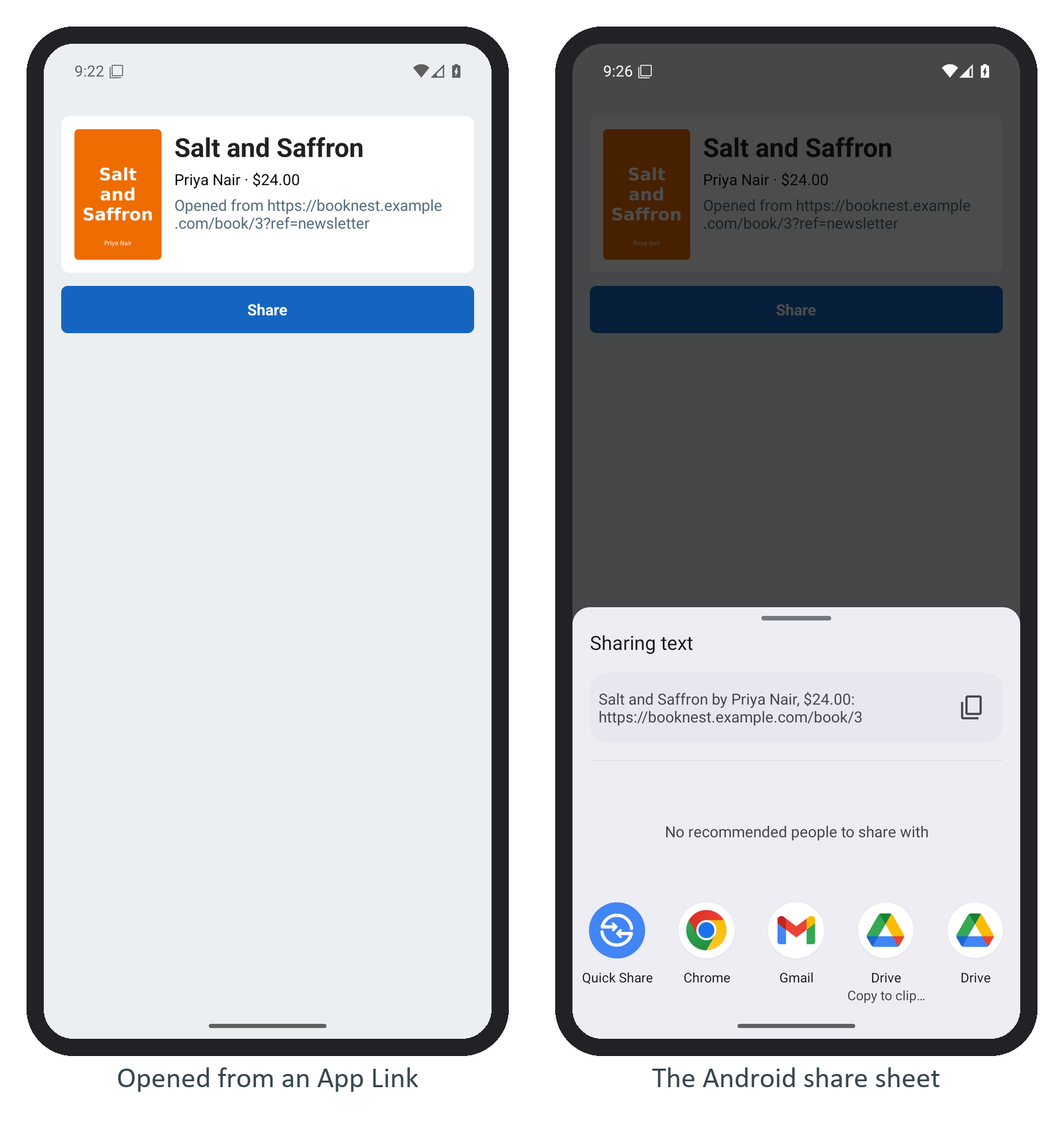 BookNest opened by an App Link on Salt and Saffron, and the Android share sheet its Share button opens, with the message and link ready for Quick Share, Chrome, Gmail or Drive