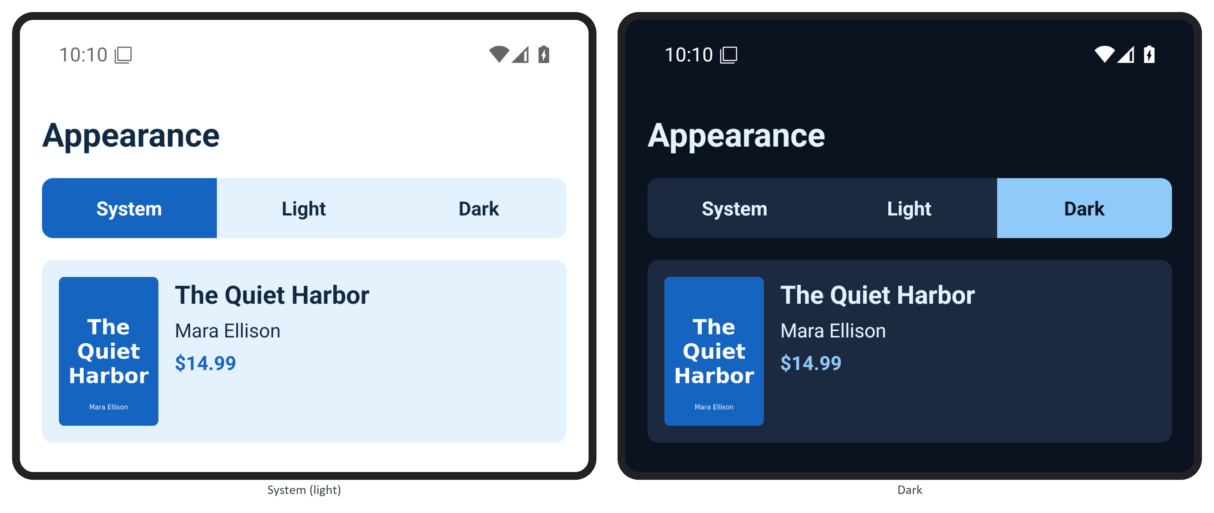 BookNest's appearance setting on System with a light phone, and after choosing Dark