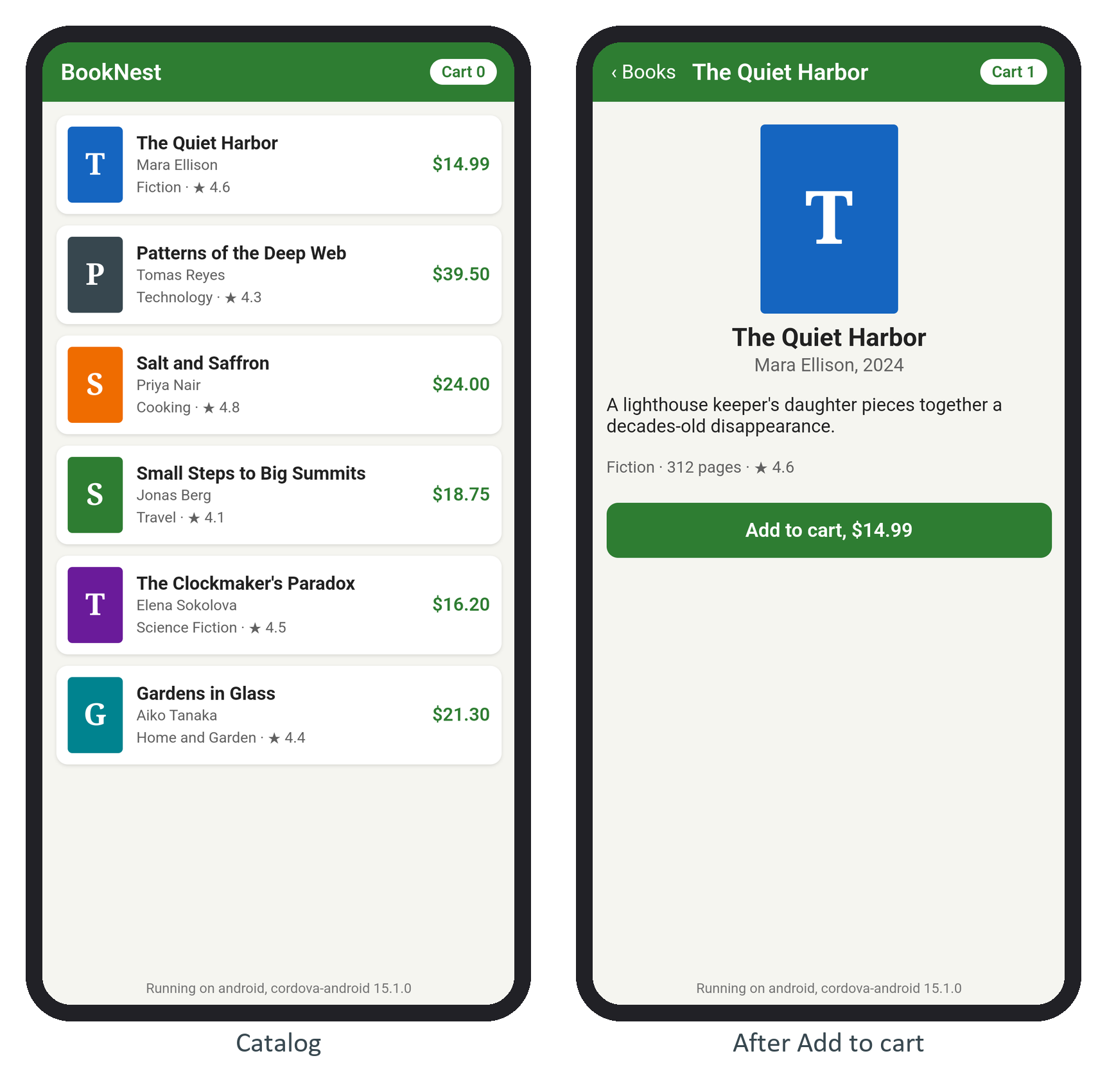 BookNest on the Android 16 emulator: the catalog, and a book's detail after Add to cart