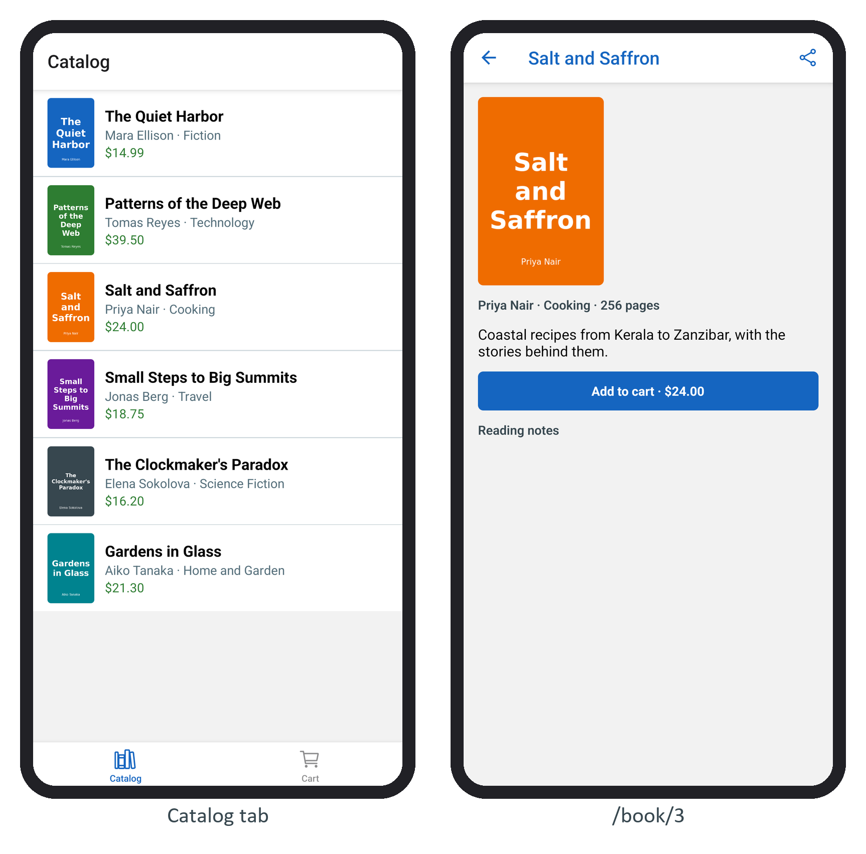 BookNest on Expo Router: the Catalog tab, and book 3 pushed onto the root stack