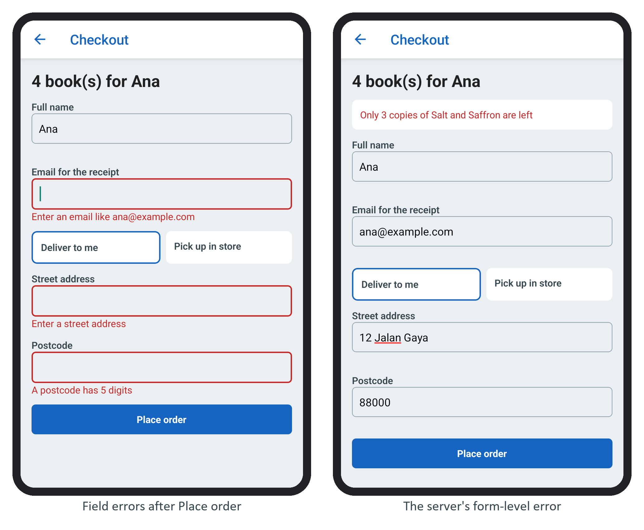 The checkout form after a failed submit, and after the server refused the order