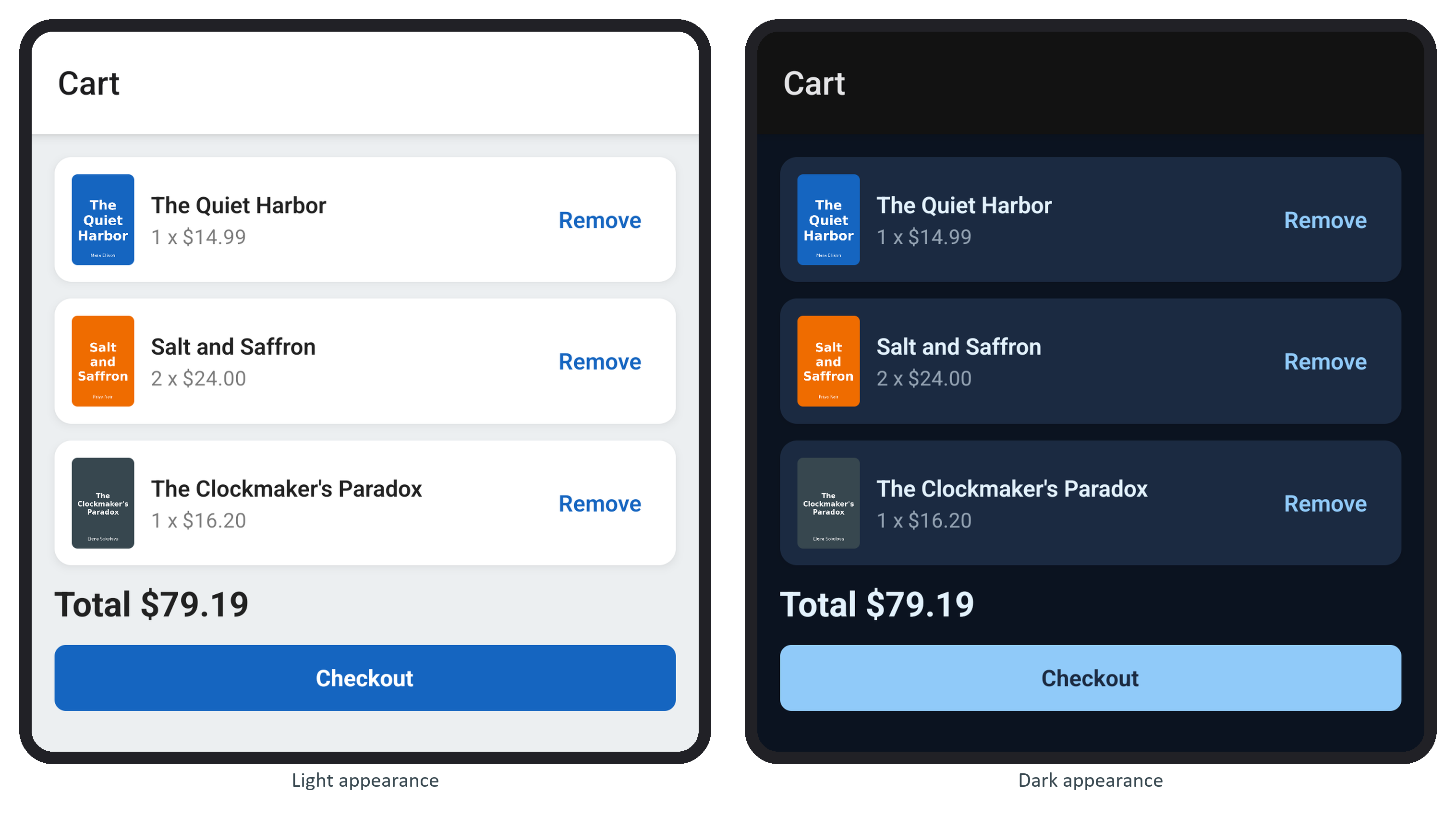 BookNest's cart tab restyled with NativeWind, in the light and dark appearance