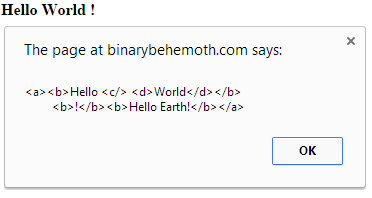 Browser alert showing XML parsed and serialized back to a string