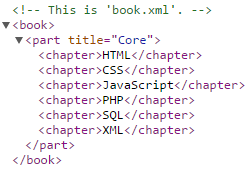 Tree view of the generated book.xml document showing a book element containing chapters for HTML, CSS, JavaScript, PHP, SQL, and XML